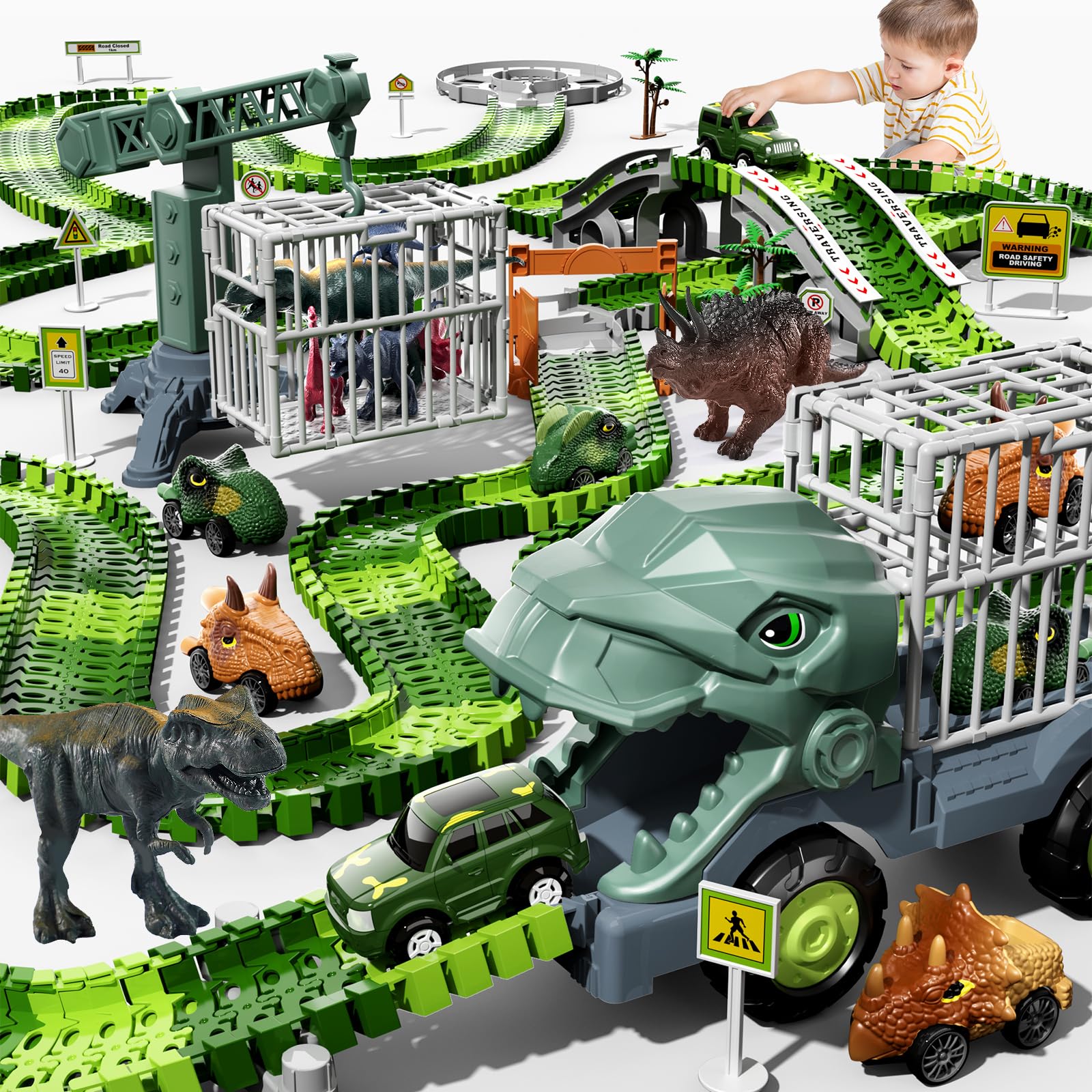 iHaHa 259 PCS Dinosaur Race Car Track Toys for Kids Toddler Boys Ages 3-5 5-7, Dinosaur Race Tracks Truck Toys Include Crane, 8 Dinosaur & 6 Cars, Birthday Dinosaur Toys Gifts for 3 4 5 Year Old Boys
