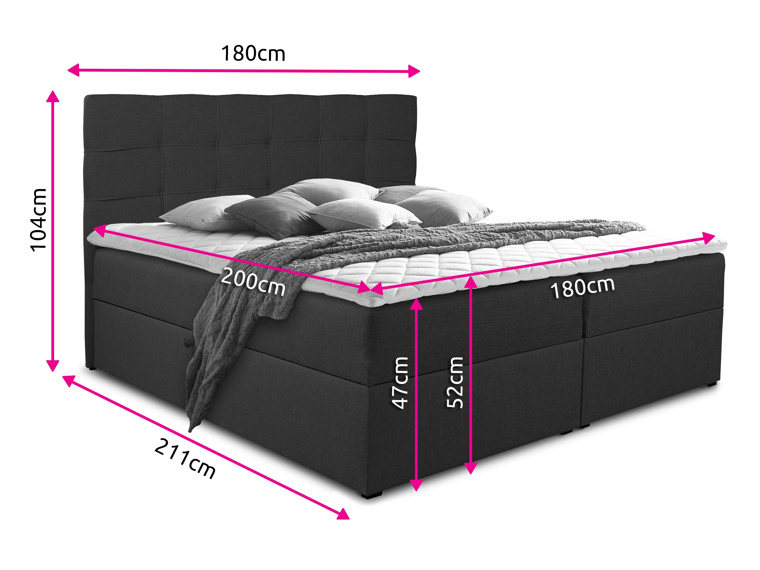 Sofnet Boxspringbett Best mit 2 Bettkästen, Doppelbett mit Bonell-Matratze und Topper, Polsterbett, Bett, Bettgestell, Stilvoll, Schlafzimmer (Graphit (Inari 94), 180 x 200 cm)