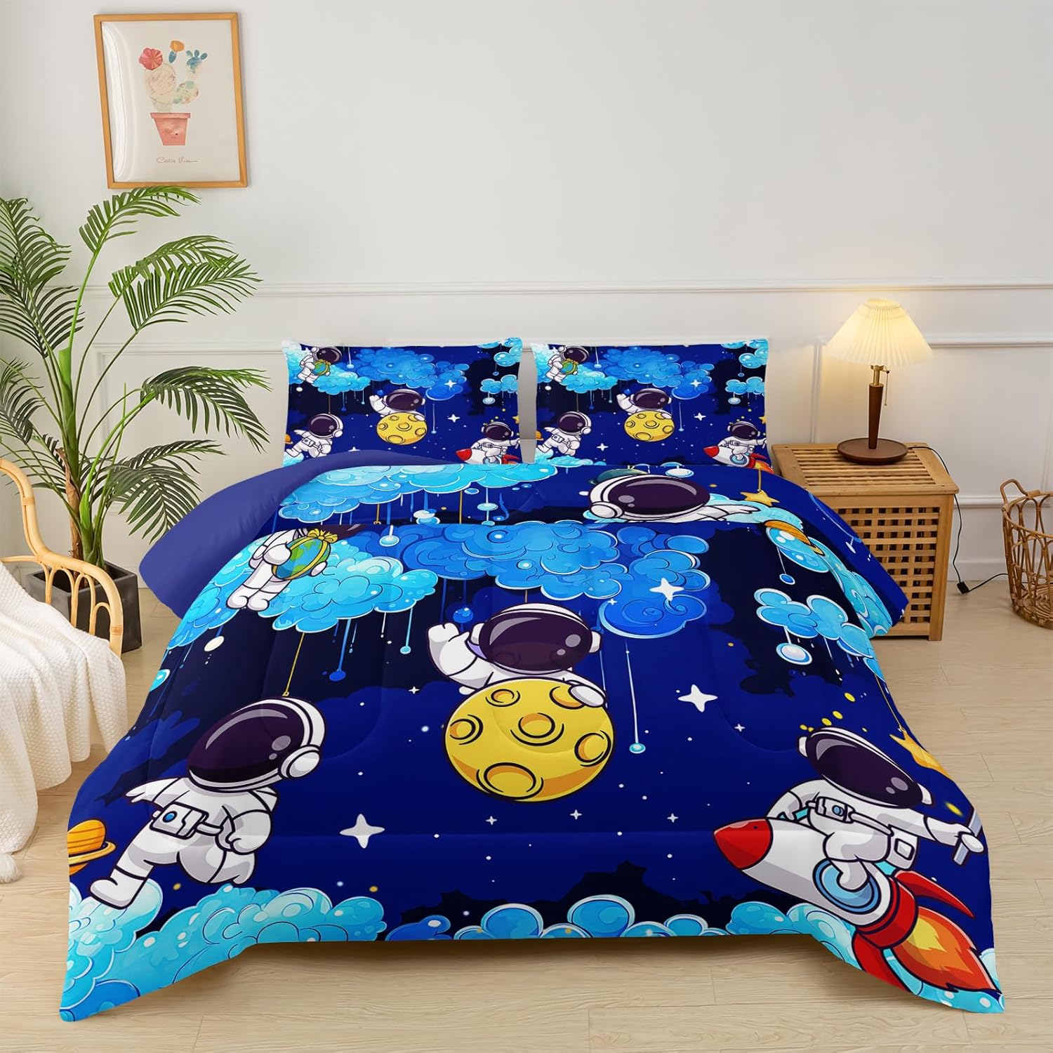 Blue Space Galaxy Comforter Set - Twin Size Astronaut Bedding With Space Themed Design, Cute Astronaut Comforter For Boys' Room Decor
