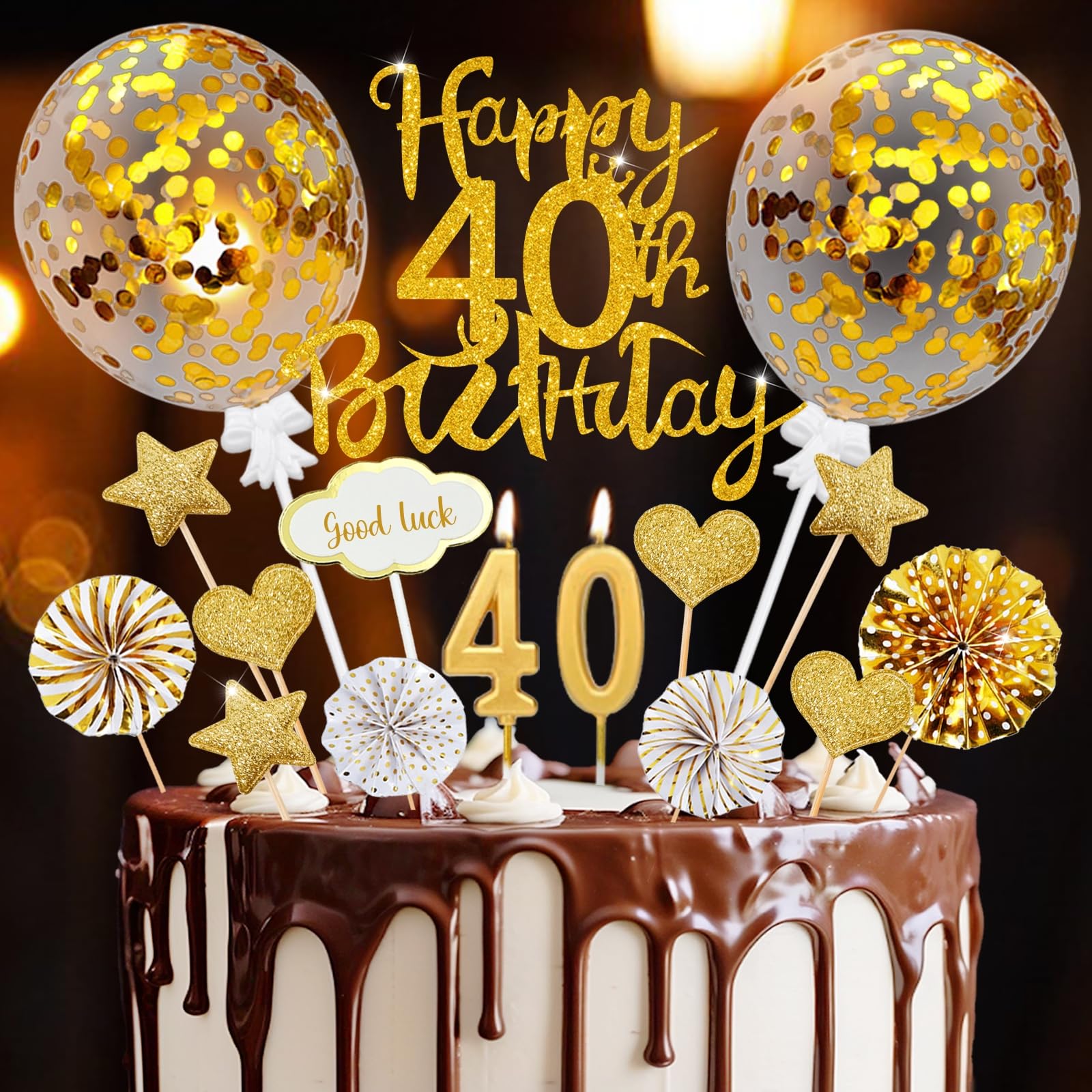 Tortendeko 40 Geburtstag Männer Frauen, 20 Pcs Happy Birthday Tortendeko Gold Deko, 40. Cake Topper mit Geburtstagskerzen, für 40 Jahre Geburtstag Mann Geburtstagskuchen Deko