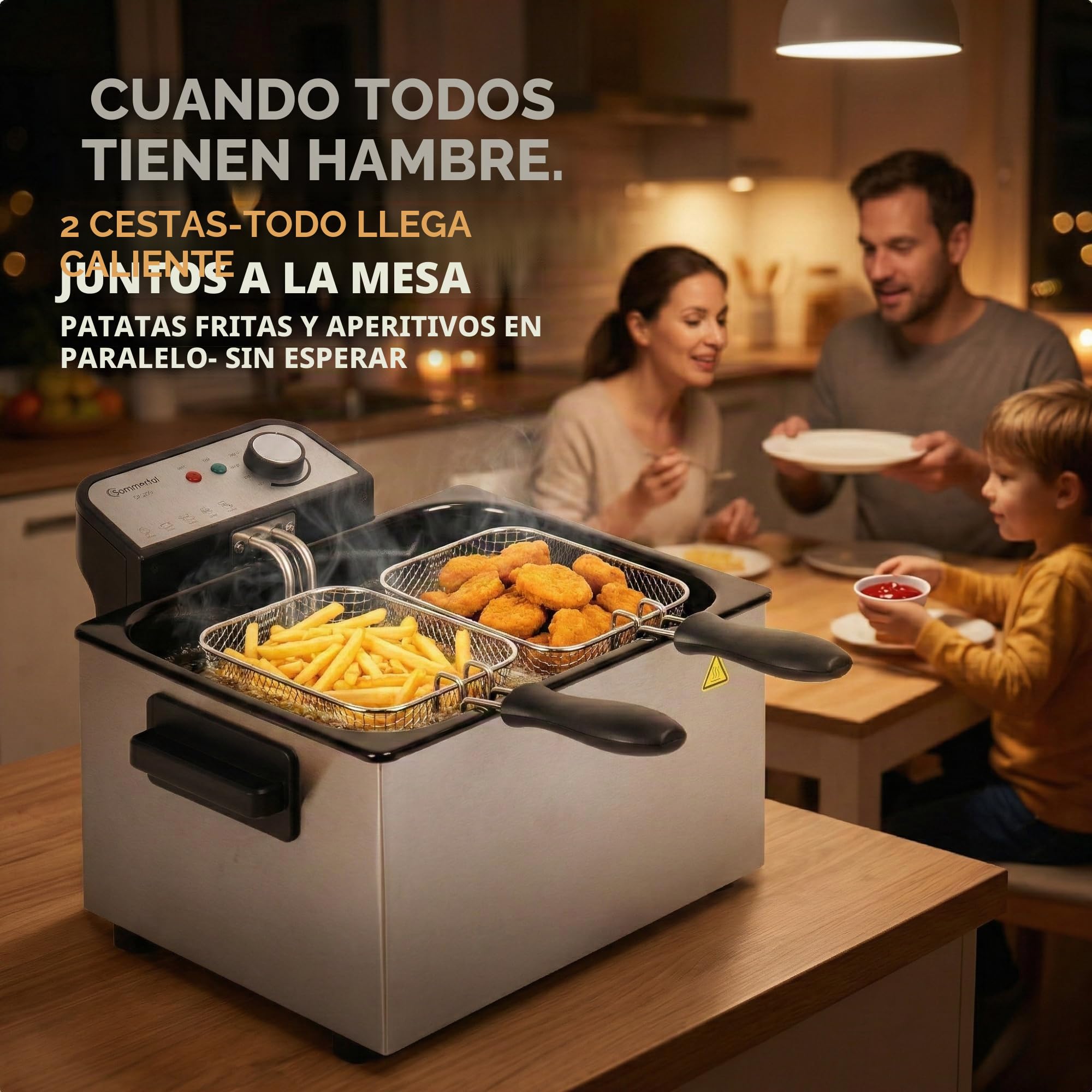 Sommertal Freidora Doble XXL con aceite o grasa - 3 cestas, 5 litros, 3000 W, zona fría, DF3270 - Freidora de acero inoxidable auténtica para patatas fritas crujientes