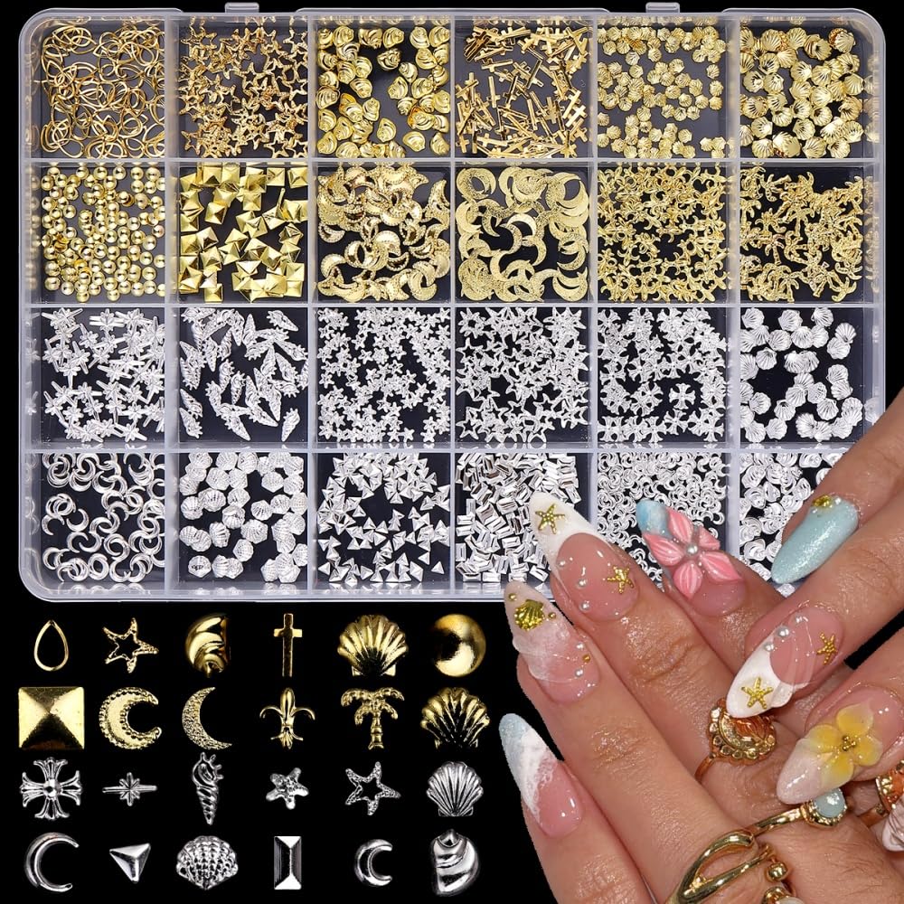 1 scatola oro argento ciondoli per unghie 3D in lega fiore gemme per unghie in metallo luna stella gioielli per unghie multi-forme oceano spiaggia stella marina conchiglia forniture per nail art con