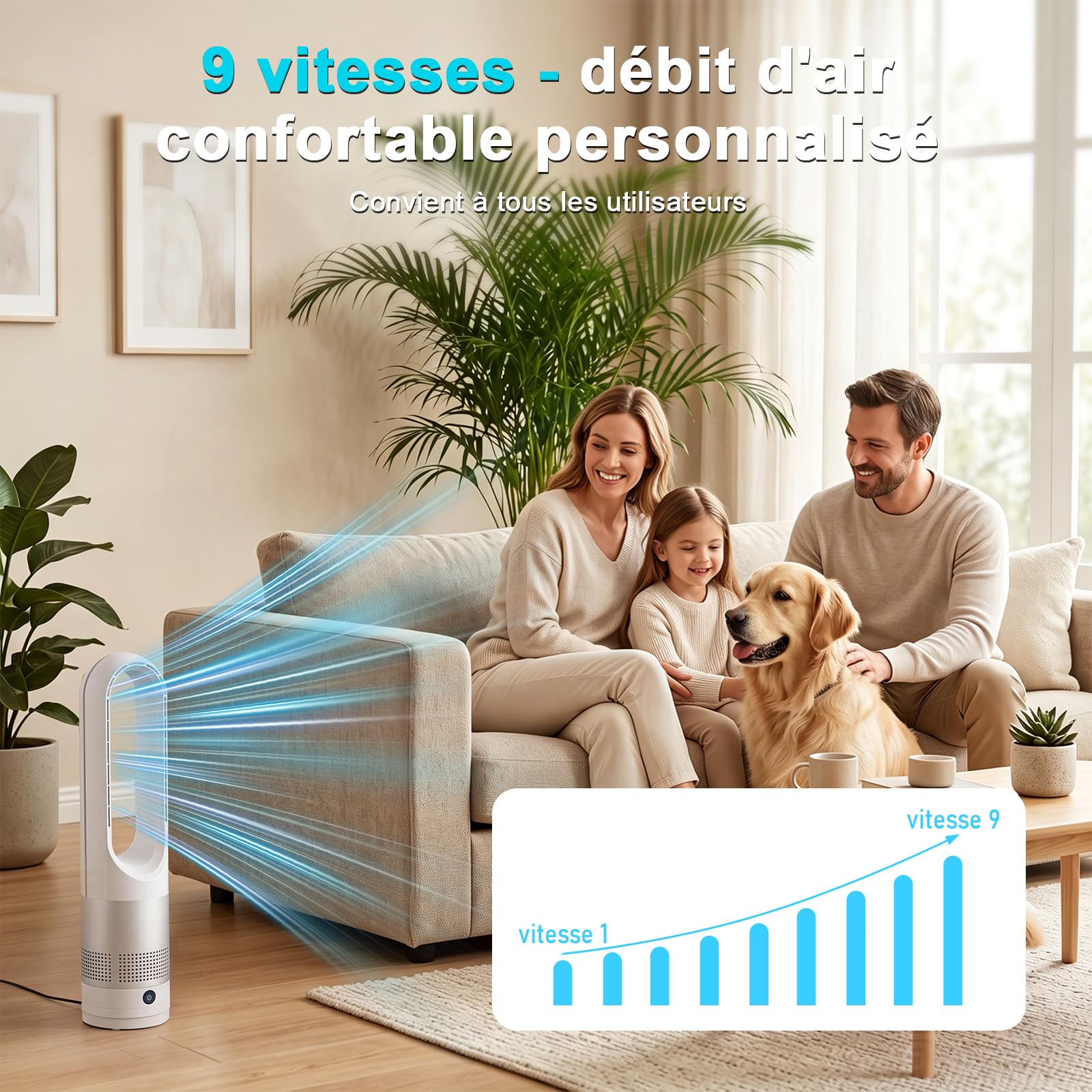 Ventilateur sans Pale Silencieux,Ventilateur Colonne avec Télécommande,Oscillation 80°,Enfants/Animaux,8 Vitesses, Minuterie 8H, Facile à Nettoyer, pour Chambre et Salon
