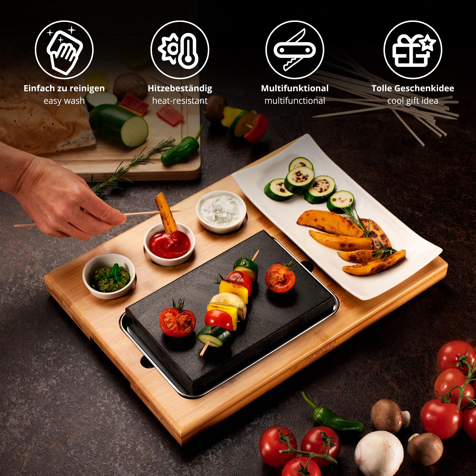 AMAVEL Lavastein Steakbrett, Stein-Grill mit Saucenschälchen und Keramik-Platte, Bambusbrett mit Hot Stone Grill, BBQ Steinplatte, Steak Grillplatte, Servierplatte, Tischgrill Set