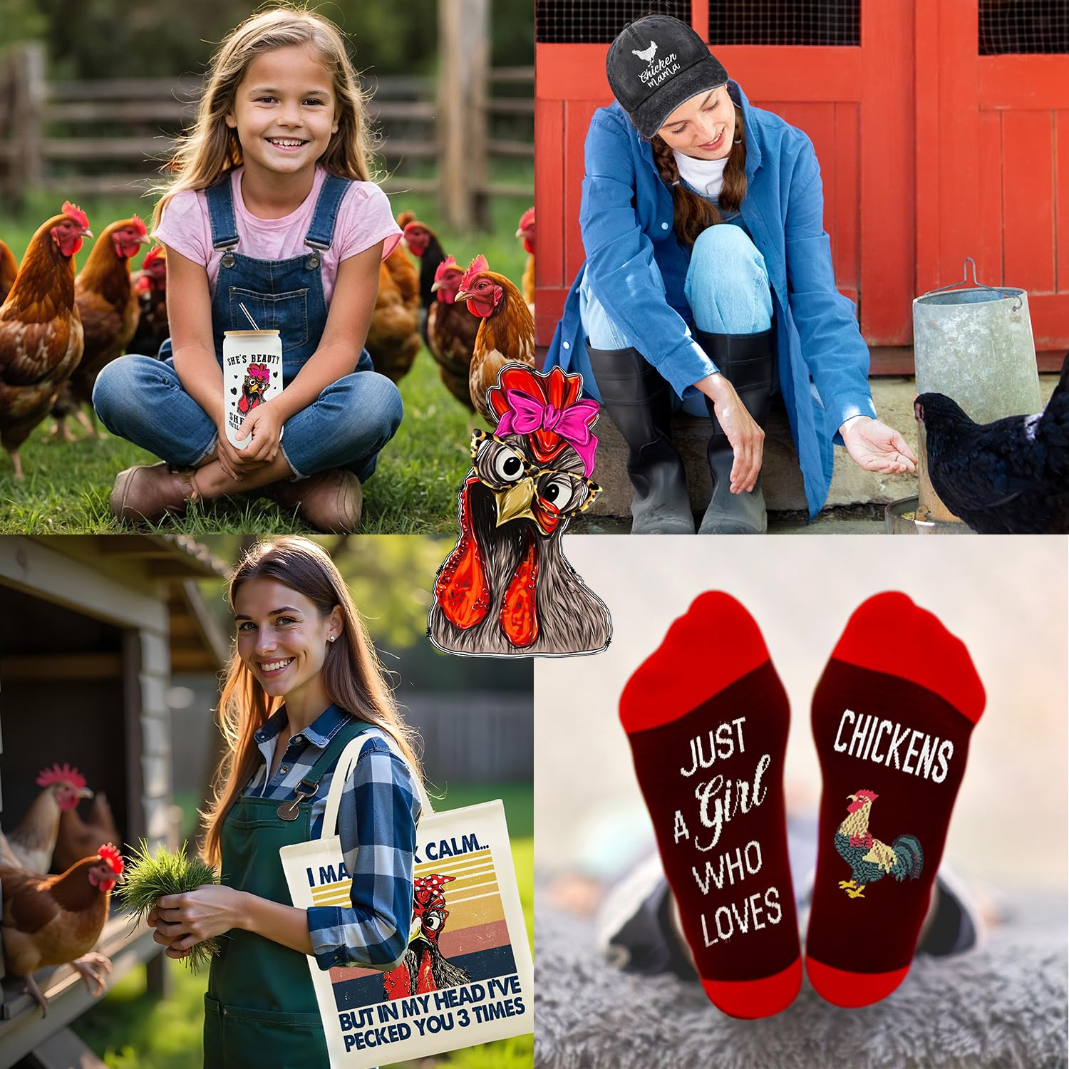 Chicken Gifts, Chicken Lover Gifts for Women, Funny Chicken Stuff with Glass Cup Tote Bag Makeup Bag Baseball Hat Candle Socks Keychain Earrings for Lady, Chicken Mom Birthday Chirstmas Gifts