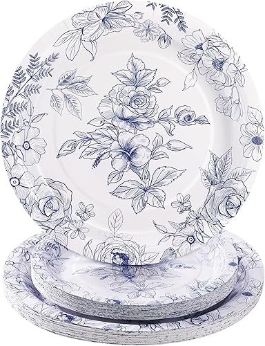 Platos de fiesta azules y blancos platos de papel floral de 9 pulgadas, 20, 20, 7 pulgadas, platos desechables de flores azules  para despedidas de