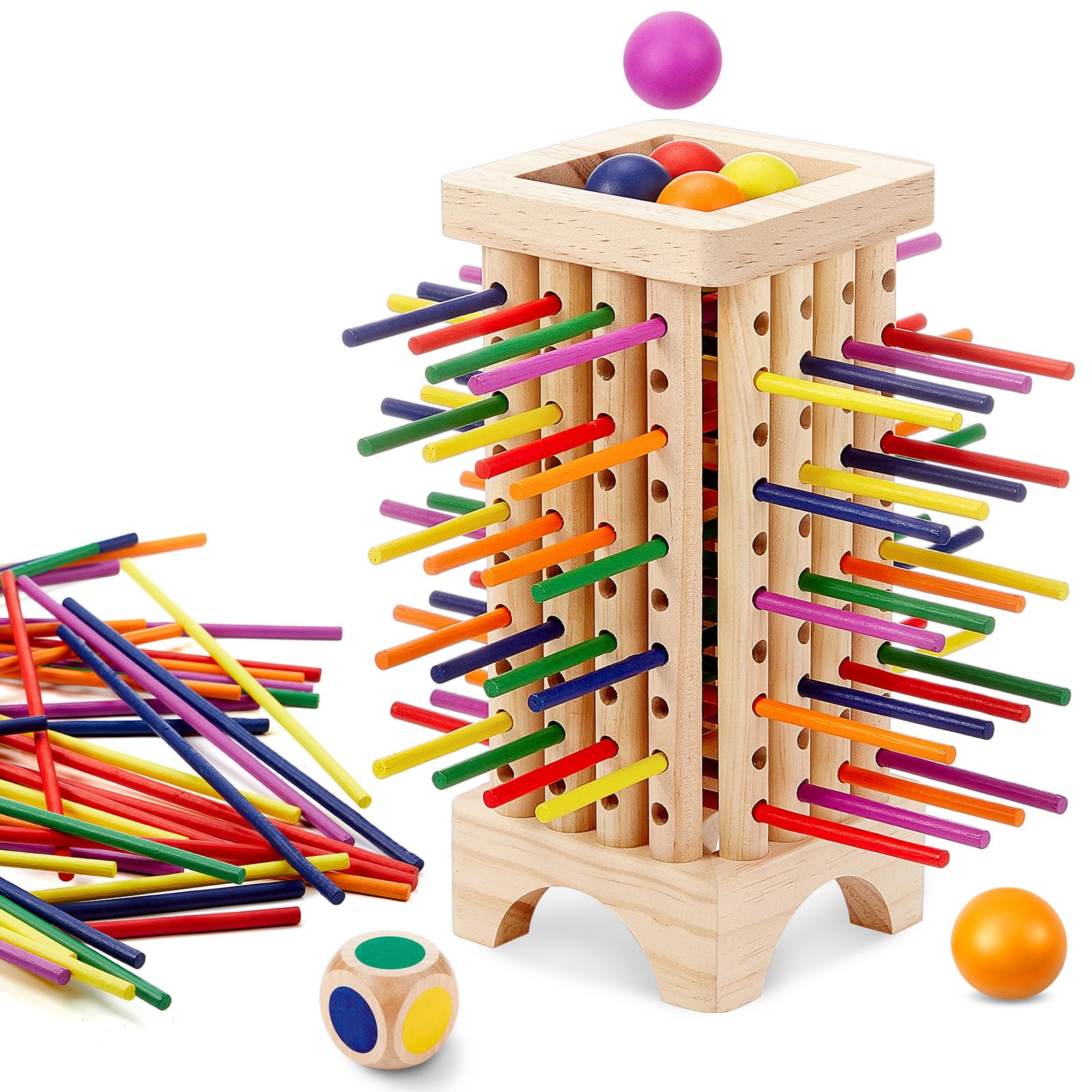Montessori Game with Colorful Wooden Sticks Tower Dice Ball Wooden Board Games Fine Motor Skills Counting Math Educational Toys for Family Travel(Square)