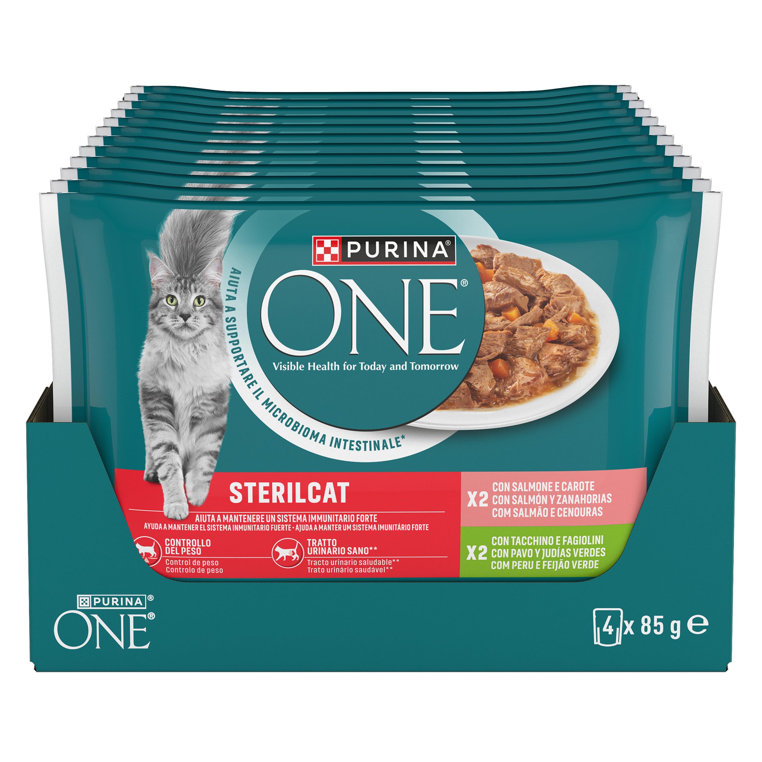 PURINA ONE Sterilcat Cibo Umido per Gatti Adulti, 48 Bustine da 85 g | Bocconcini con Salmone Carote, Tacchino e Fagioli per Gatti Sterilizzati