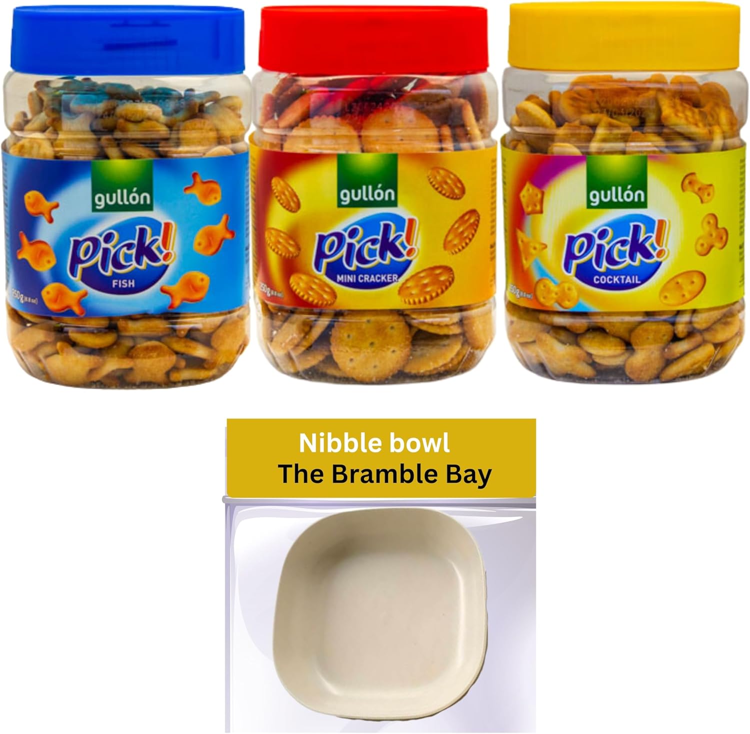 Crackers bundle contains Gullon NIbbles Jar 250g x3, Nibble Bowl