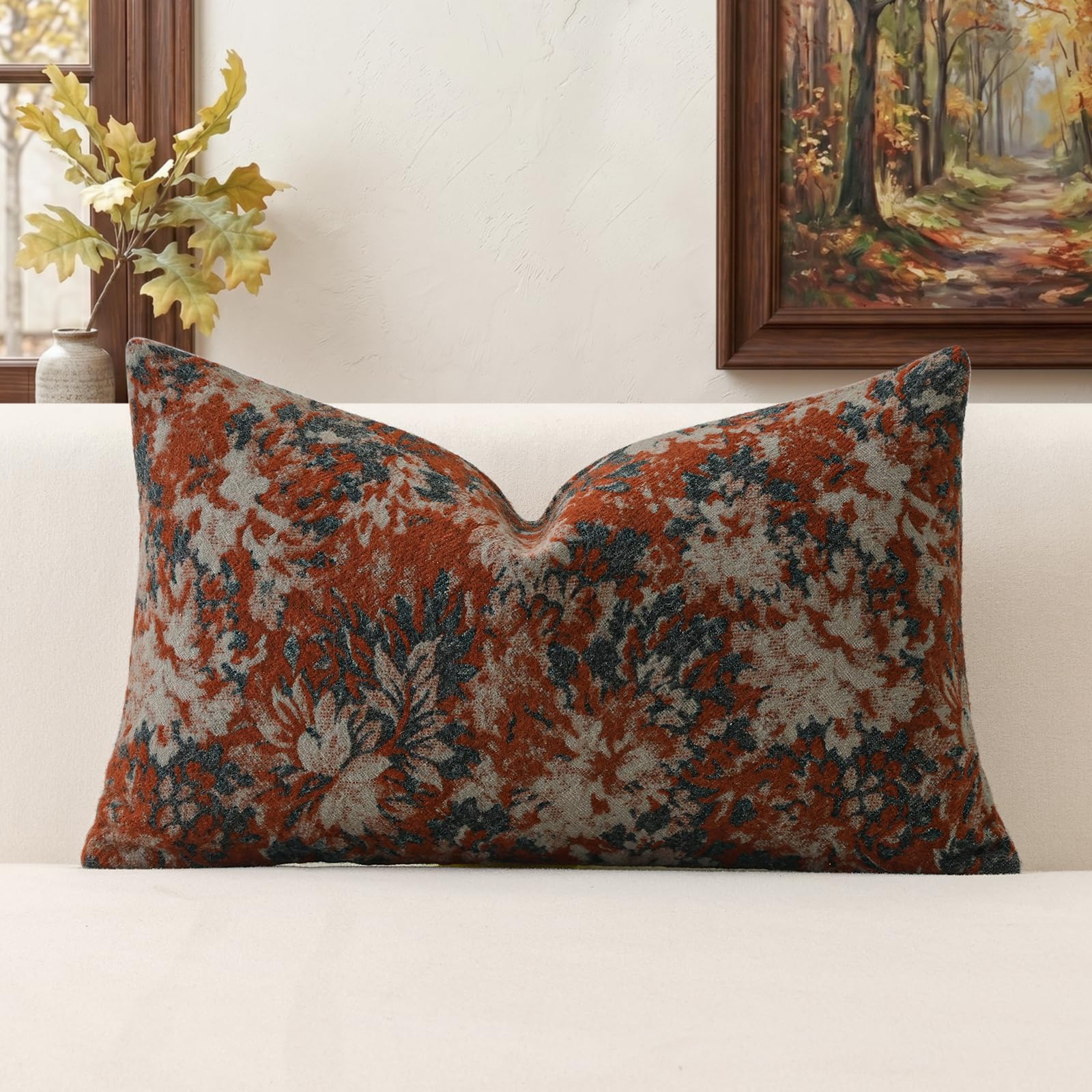 Artscope Set of 1 Neutral Floral Cushion Cover 30x50cm, Vintage Chenille Lumbar Throw Pillow Cover Soft Decorative Farmhouse Accent Couch Pillow Cover for Living Room Bedroom Red
