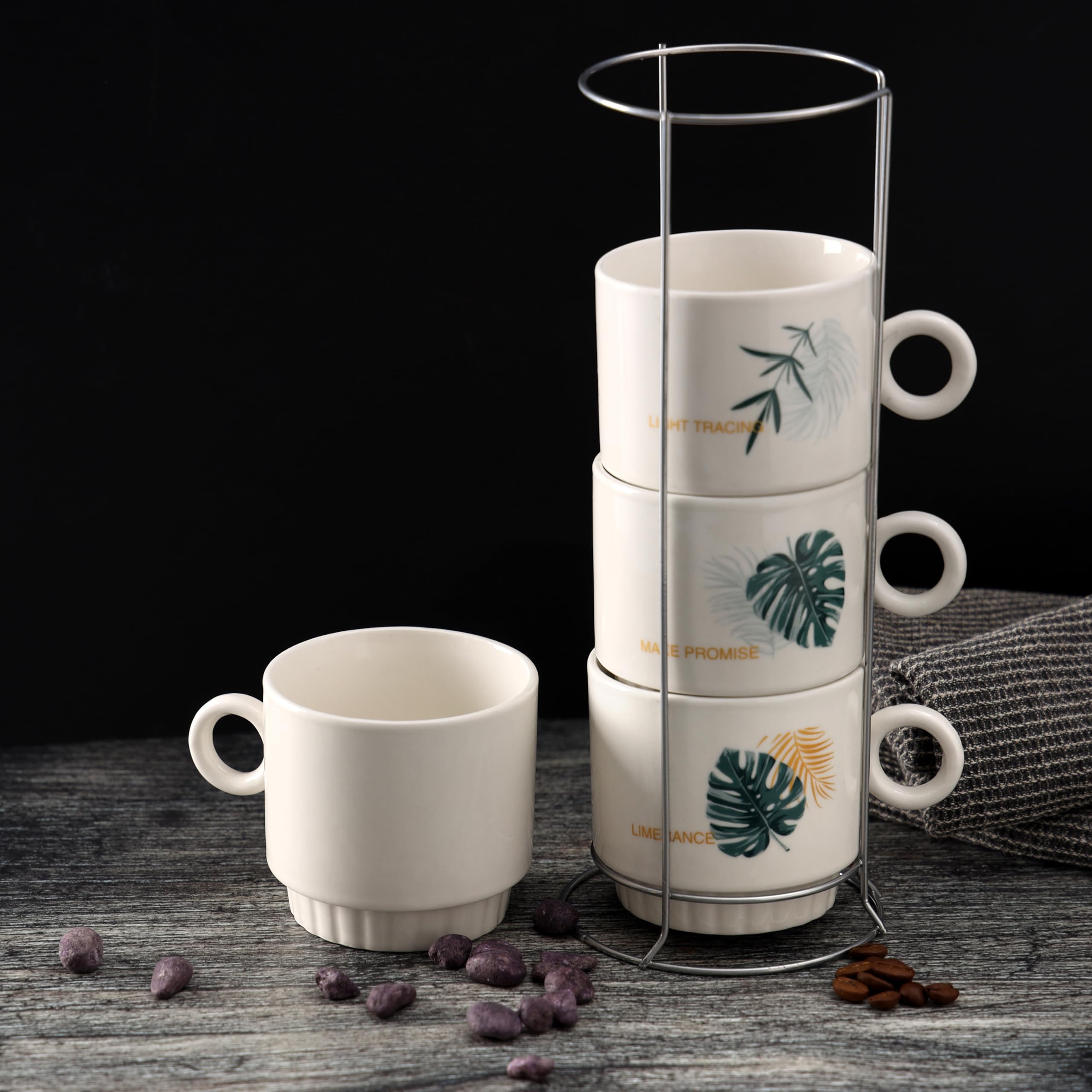 Delcasa DC3084 Ceramic Stack Cup Set with Stand, 260 ml Capacity, Green/White