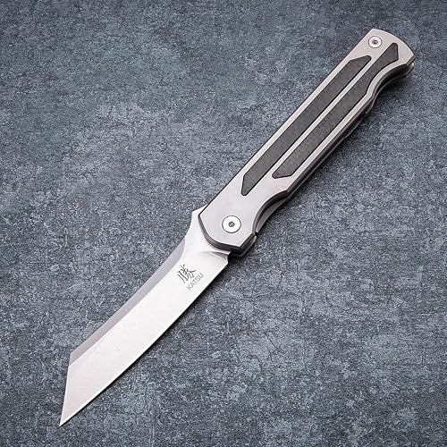 Miniatura 3 de KATSU Cuchillo japonés plegable de bolsillo para camping, mango de fibra de carbono y titanio, bloqueo de marco, hoja de afeitar lavada a la piedra