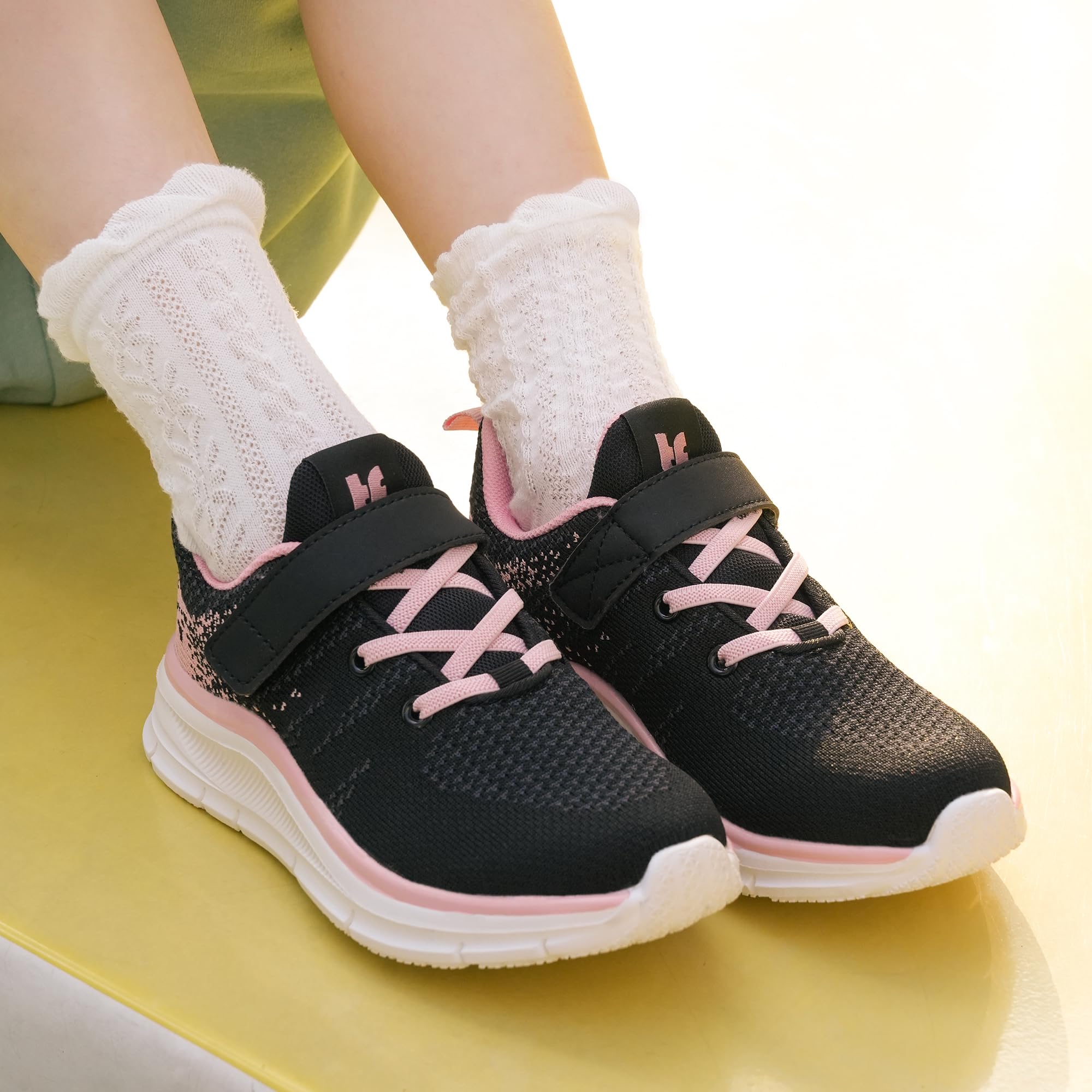 Tobfis Boys Girls Kids Arch Support Strap Running Athletic Tennis Shoes Breathable School Walking Sneakers,Knit Black Pink,10 M US Toddler