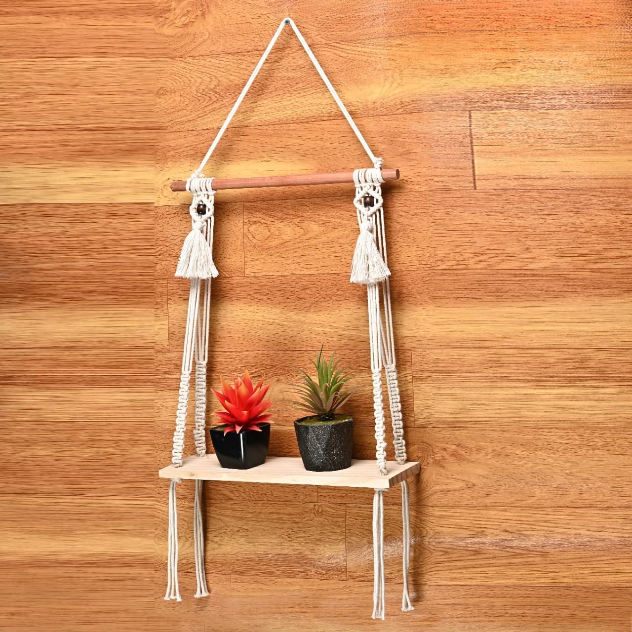 Wagon Brand | Macrame Rustic Hanging Wood Floating Wall Shelf with Handmade Wall Hangings for home decoration, Photo Frames, Small Plants, Boho Home Decor for Living Room, Off-White, 1-Pcs, Style -26