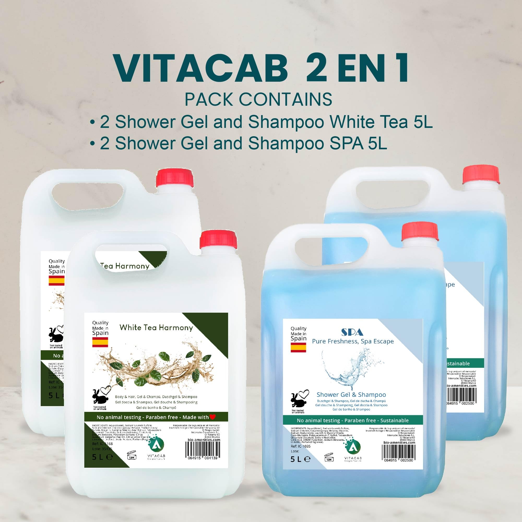 Set 4 x 5 L: 2 x Gel Doccia & Shampoo SPA Pure Freshness + 2 x White Tea Harmony • Formula 2 in 1 Corpo e Capelli • Ricariche Professionali per Dispenser • Freschezza Quotidiana