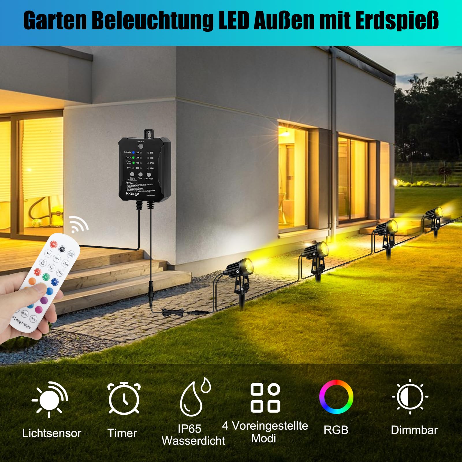 COOLWEST RGB Gartenstrahler mit Fernbedienung und Lichtsensor, 20M/8er Set Strahler IP65 Wasserdichte Gartenbeleuchtung mit Strom, 24V gartenleuchten mit Timer für Garten, Bäume, Wege, Dimmbar