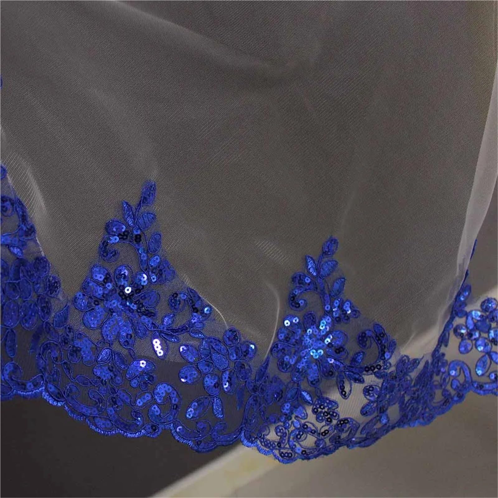 Brautschleier Blauer, Paillettenbesetzter Brautschleier Aus Weißer Und Elfenbeinfarbener Spitze, Einlagiger, Kurzer, Glänzender Hochzeitsschleier Mit Kamm(75cm)