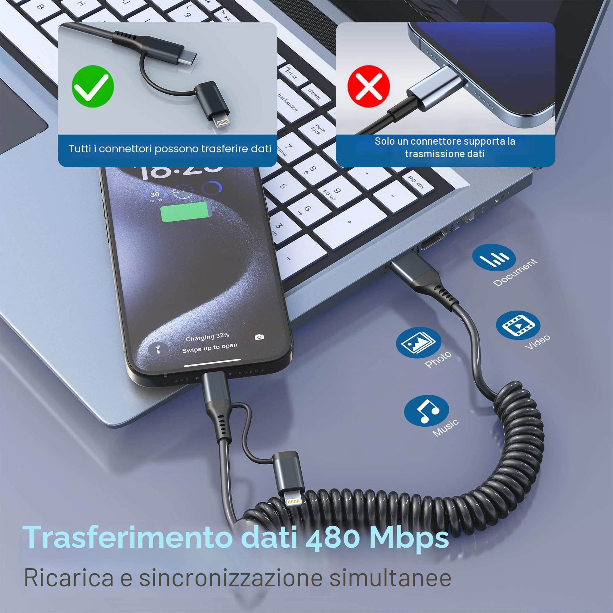 Cavo USB A a USB C e Lightning 2 in 1 per Apple Carplay e Android Auto, Ricarica rapida 3A e dati [Certificato MFi] Cavo a spirale corto USB Lightning, compatibile con iPhone 16/15/14/13/Android