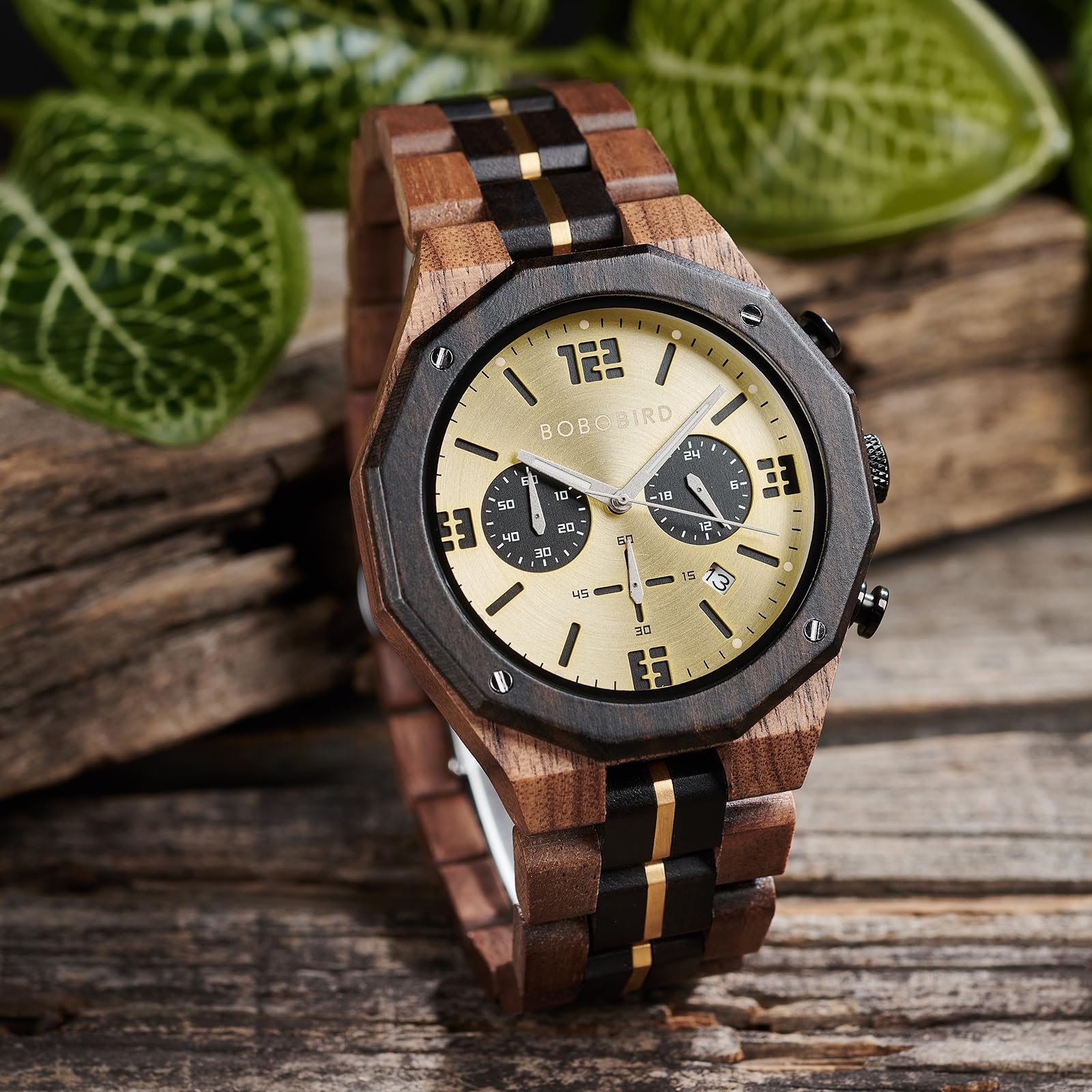 BOBO BIRD Orologio da uomo in legno, sportivo, moderno, casual, cronografo, al quarzo, orologio da polso da uomo, cinturino in acciaio inossidabile con visualizzazione della data (oro), oro, M