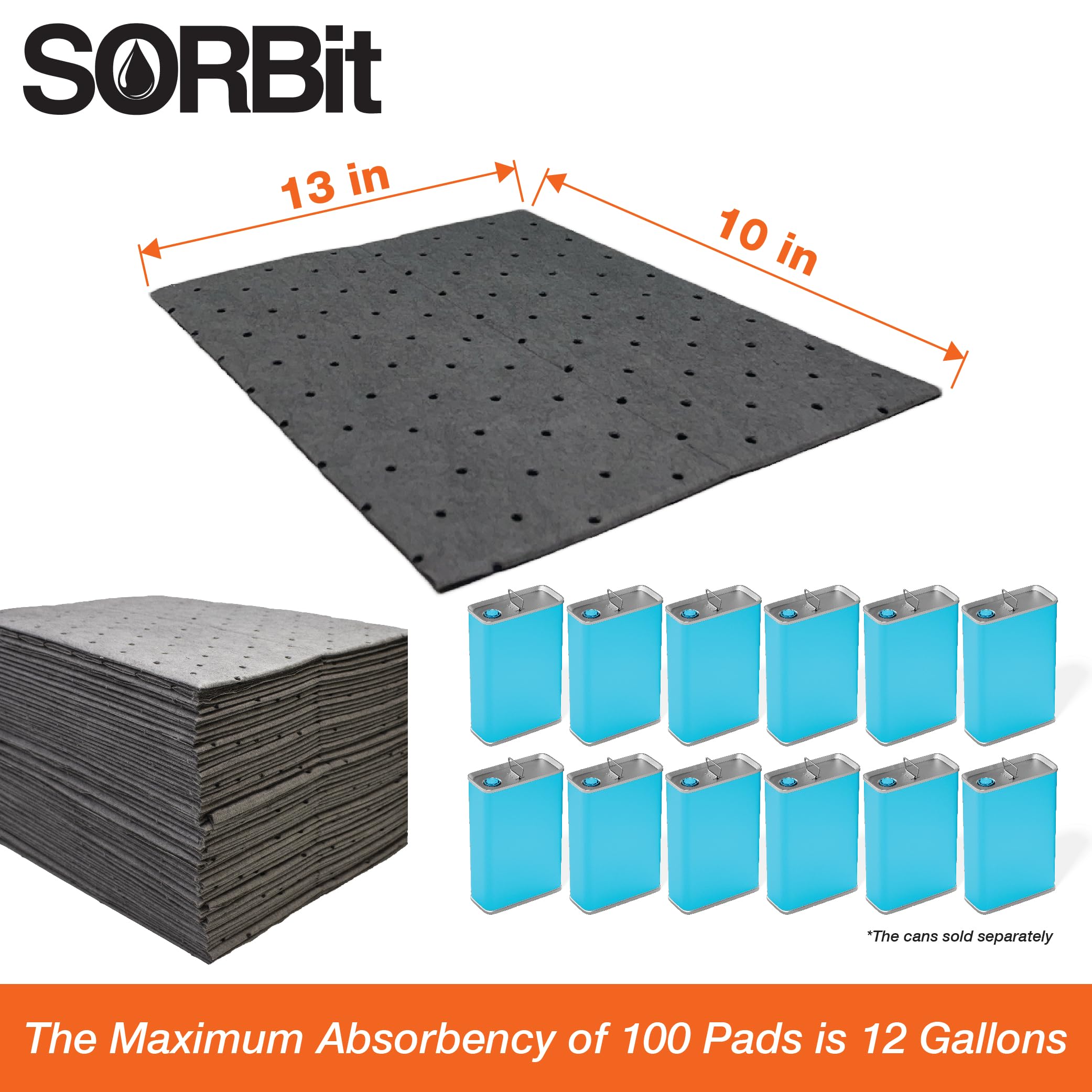 Heavyweight Universal Oil Absorbing Pads (Gray) 10 Inch x13 Inch - Pack of 100 Sheets - Absorbent Pads for Oils, Water, and Solvents.