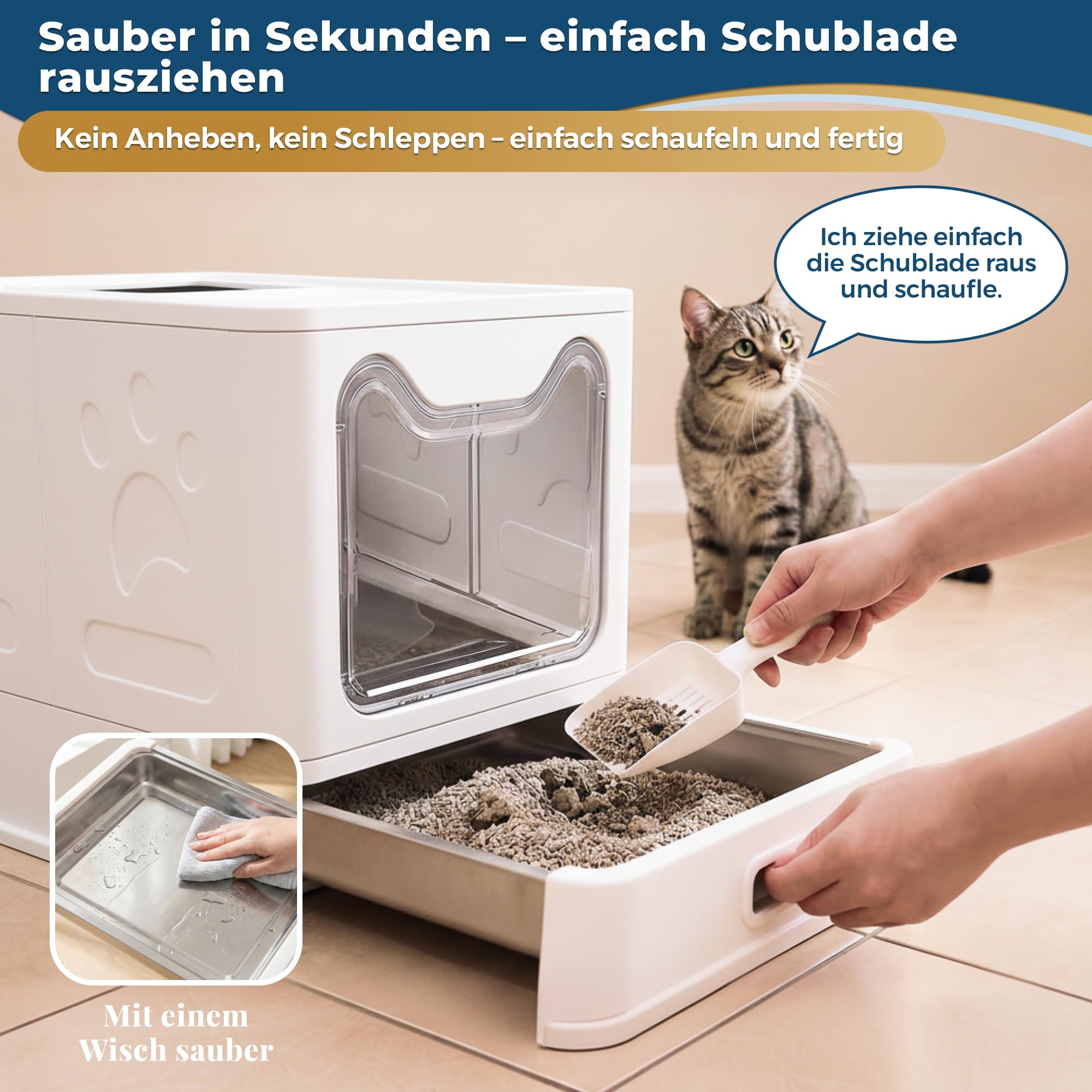 Katzenklo Edelstahl mit Deckel, Faltbare Geschlossene Katzentoilette mit Schublade, Geruchsfrei, Auslaufsicher, Leicht zu Reinigen, Doppelter EIN-/Ausgang, Mit Schaufel, (38,3×51×41 cm) – Weiß