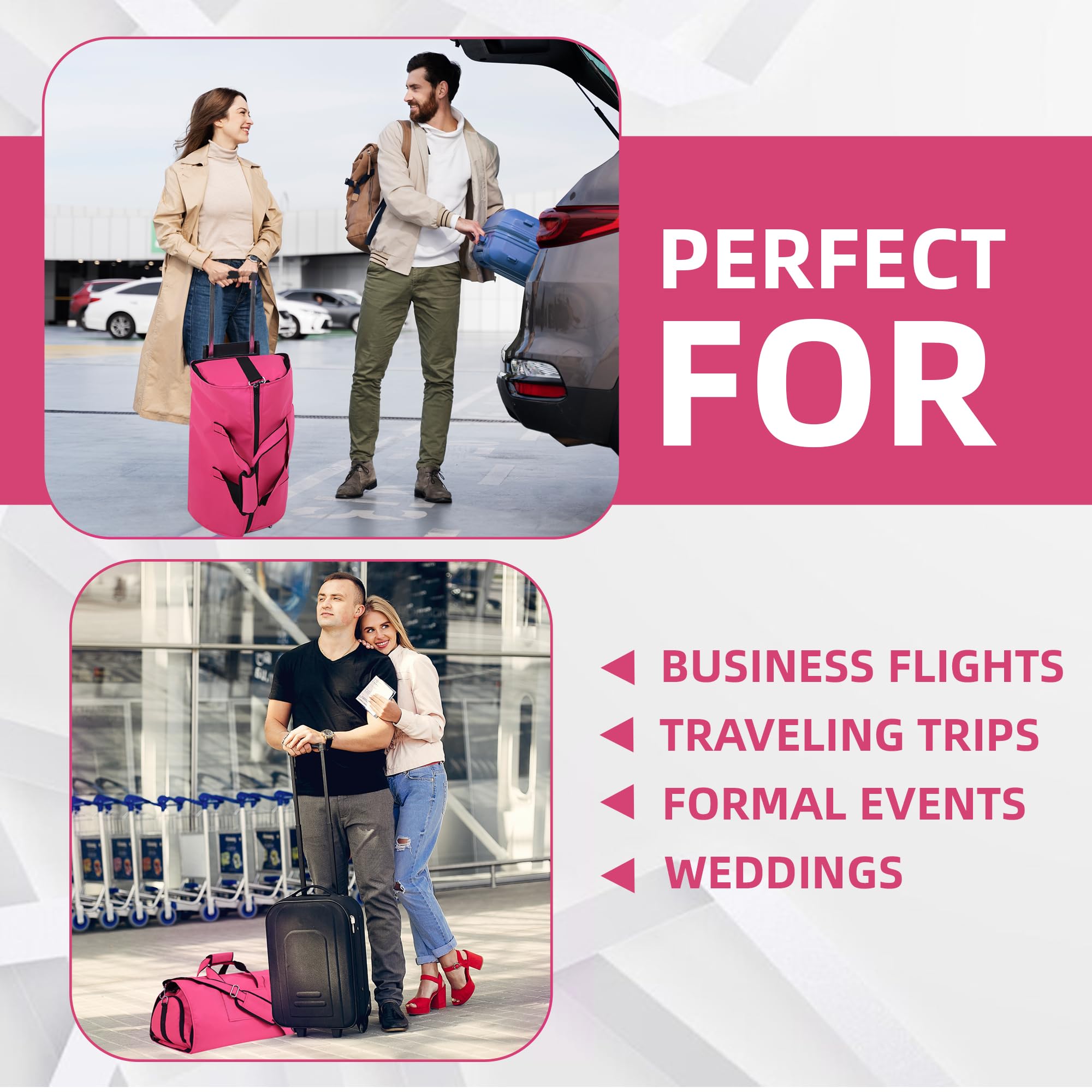 FUOCO Trolly Convertible Duffle Garment Bag for Men Women Suit Carrier for Travel Blazer Carry overnighter Space Saving Duffle Bags, Multi-Functional Coat Pant Cover with Hanger (Pink) 1