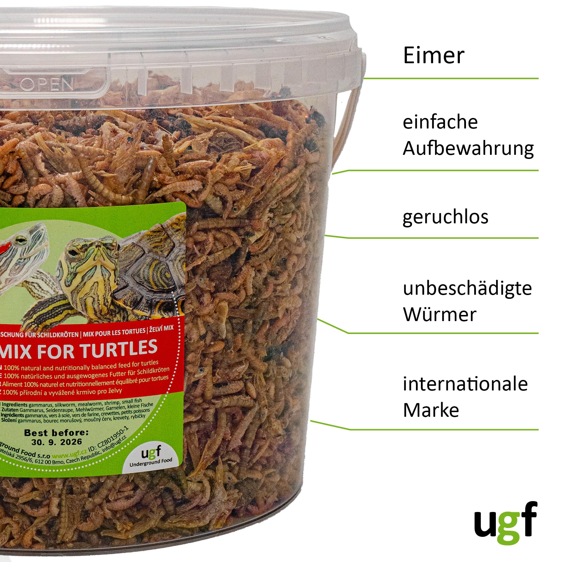 UGF - Mezcla Universal de alimento para Tortugas - 500 g en un Cubo de 3 litros, alimento equilibrado para Tortugas, gammarus, Gusanos de Seda, Gusanos de la harina, camarones y Pescado seco
