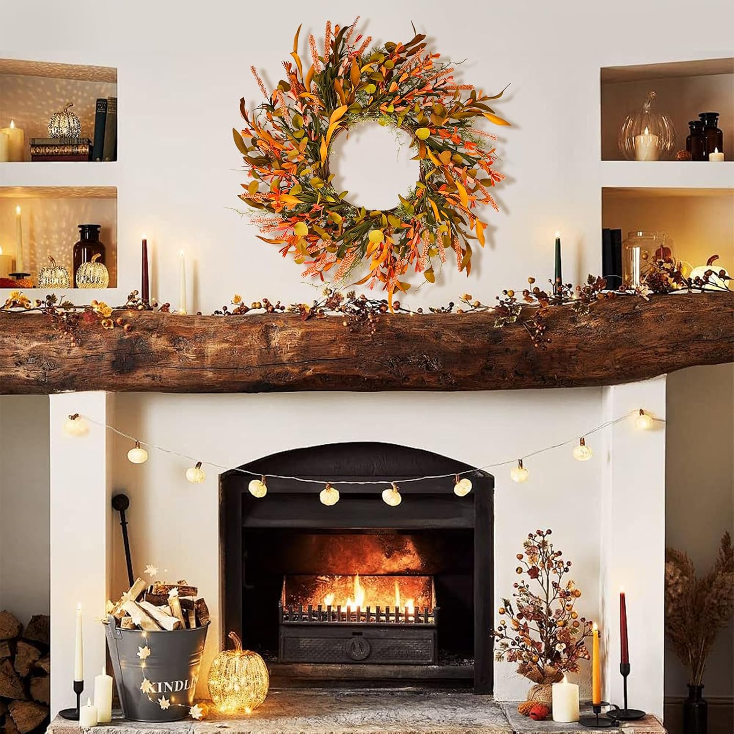 24" Orange Flower Fall Wreath with Colorful Mixed Leaves, Autumn Eucalyptus Artificial Wreath for Thanksgiving Halloween Front Door Window Home Wall Farmhouse Holiday Outdoor Indoor Décor