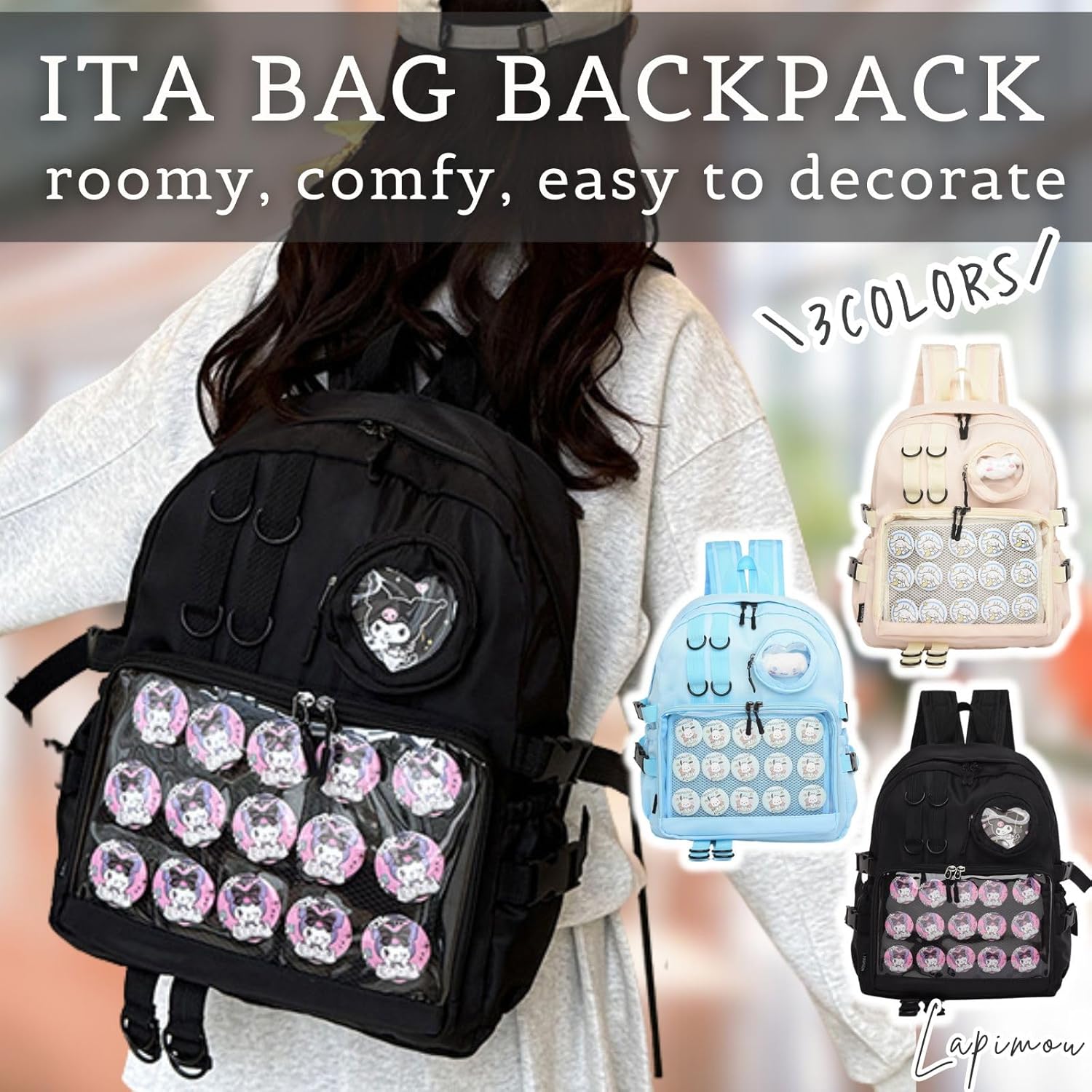 Ita Bag Cute Kawaii Backpack Bookbag Pin Display Ita Bags with Insert Japanese Anime Cutecore Accessories Kawaiicore (light blue)