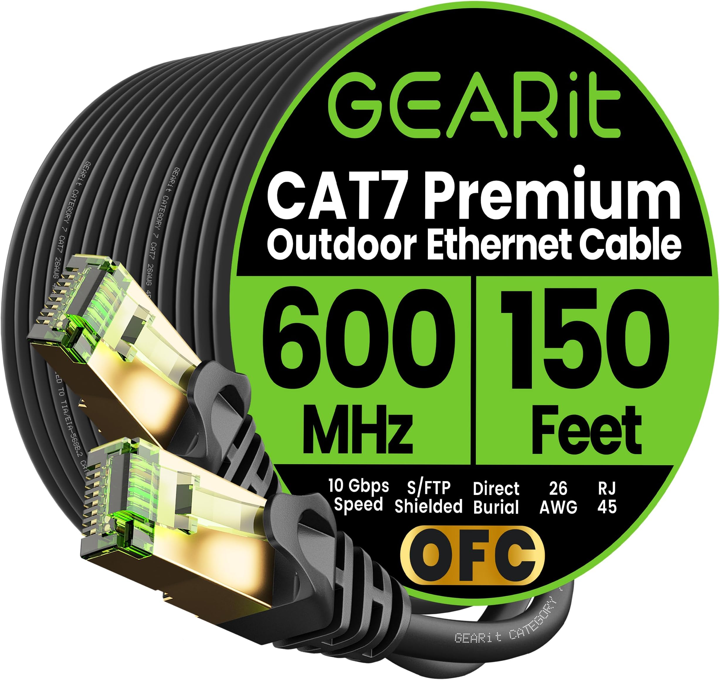 Cat7 Outdoor Ethernet Cable (150ft) SFTP Shielded Foil Twisted Pair, Pure Copper, LLDPE, Waterproof, Direct Burial, In-Ground, UV Resistant, POE, Network, LAN, Internet, Cat 7-150 Feet