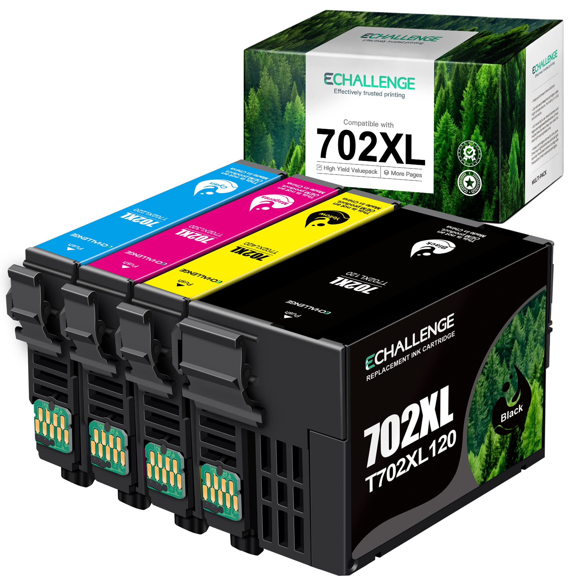 ECHALLENGE Remanufactured Ink Cartridge Replacement for Epson 702 XL 702XL T702XL to use with Workforce Pro WF-3720 WF-3730 WF-3733 Printer New Upgraded Chips (1 Black, 1 Cyan, 1 Magenta, 1 Yellow)