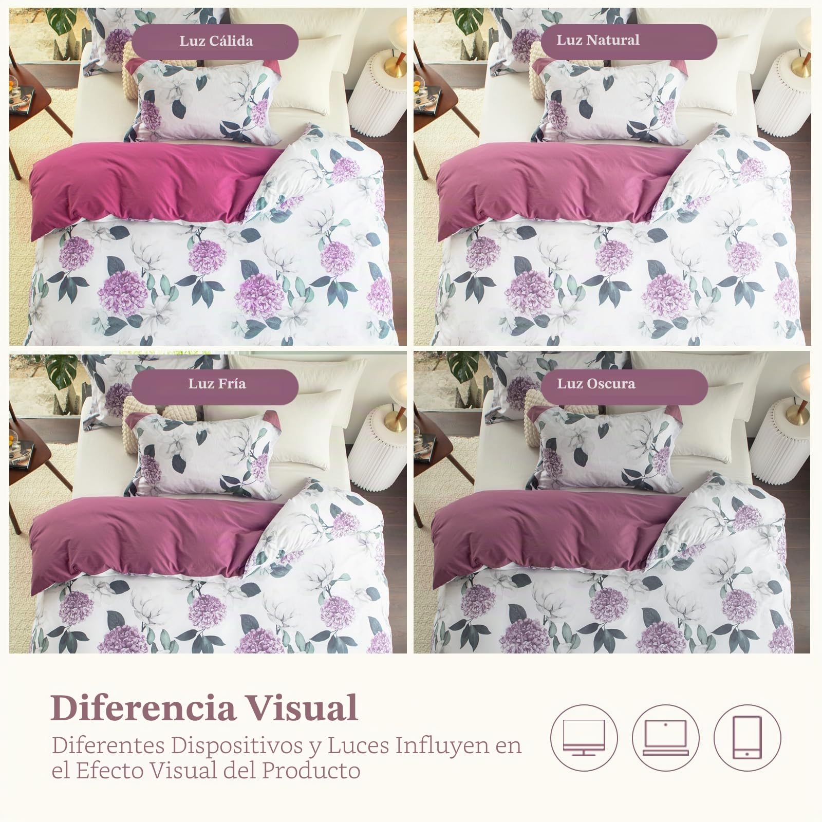 MILDLY Funda de edredón 220x240 de algodón con flores de hortensia violeta, 100% algodón lavado, textura de lino, certificado Oeko-TEX, juego de cama tropical con flores 220x240 de algodón con 2