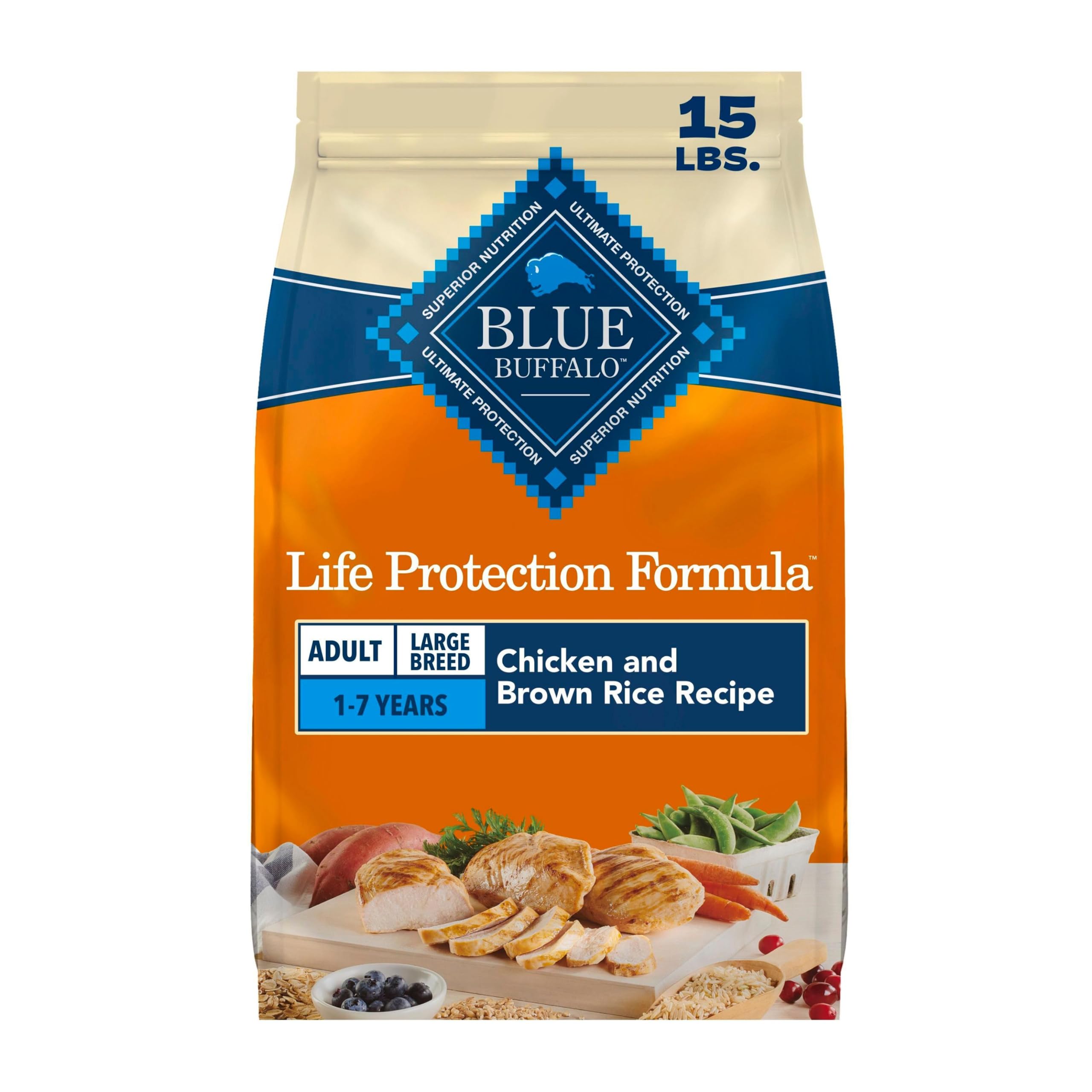Blue Buffalo Life Protection Formula Chicken Large Adult Dog Food, 15 lb | Real Chicken #1 Ingredient, Antioxidant-Rich LifeSource Bits, Glucosamine Supports Joint Health & Mobility in Large Breeds Chicken & Brown Rice 15 Pound (Pack of 1)