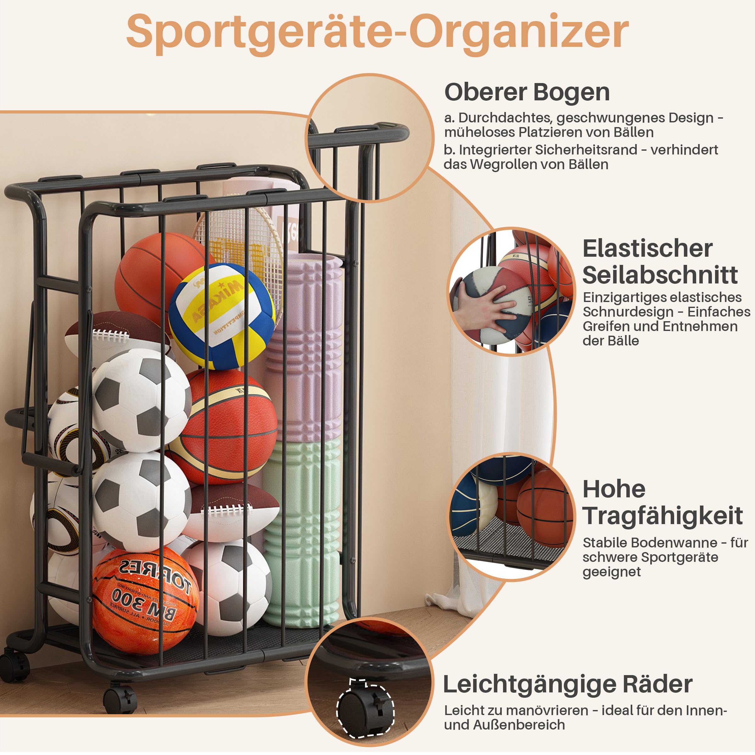 Großes Ballregal, 139 Liter Fassungsvermögen, mit Rollen zum Verschieben. Geeignet für Basketbälle, Fußbälle, Rugbybälle und andere Sportbälle. Für den Innen- und Außenbereich geeignet.