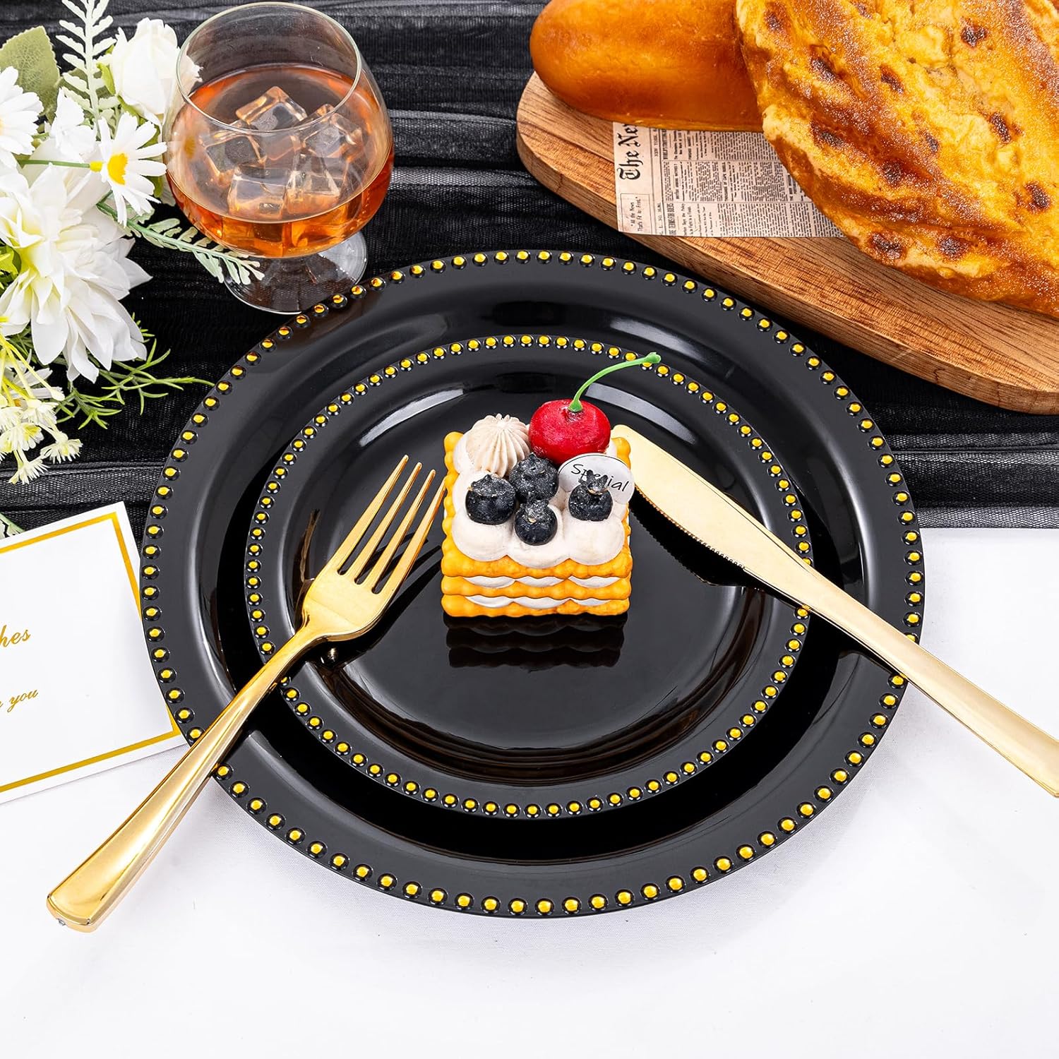 Rubtlamp 60Pcs Black Gold Plastic Plates, Black Disposable Plates With Gold Beaded, Heavyduty Plastic Plates, Halloween Plates Include 30 Dessert Platos, 30 Dinner Platos for Party