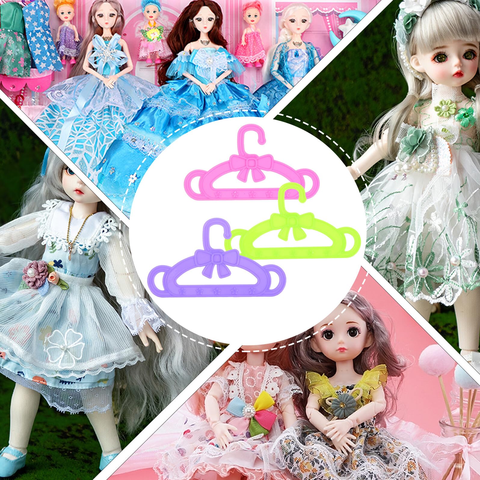 Perchas de Ropa para Muñecas de Plástico, 15 Piezas | Rosa, Verde y Morado, Juego de 5 por Color, Accesorios para Prendas de Muñecas, para Bebés y Niñas