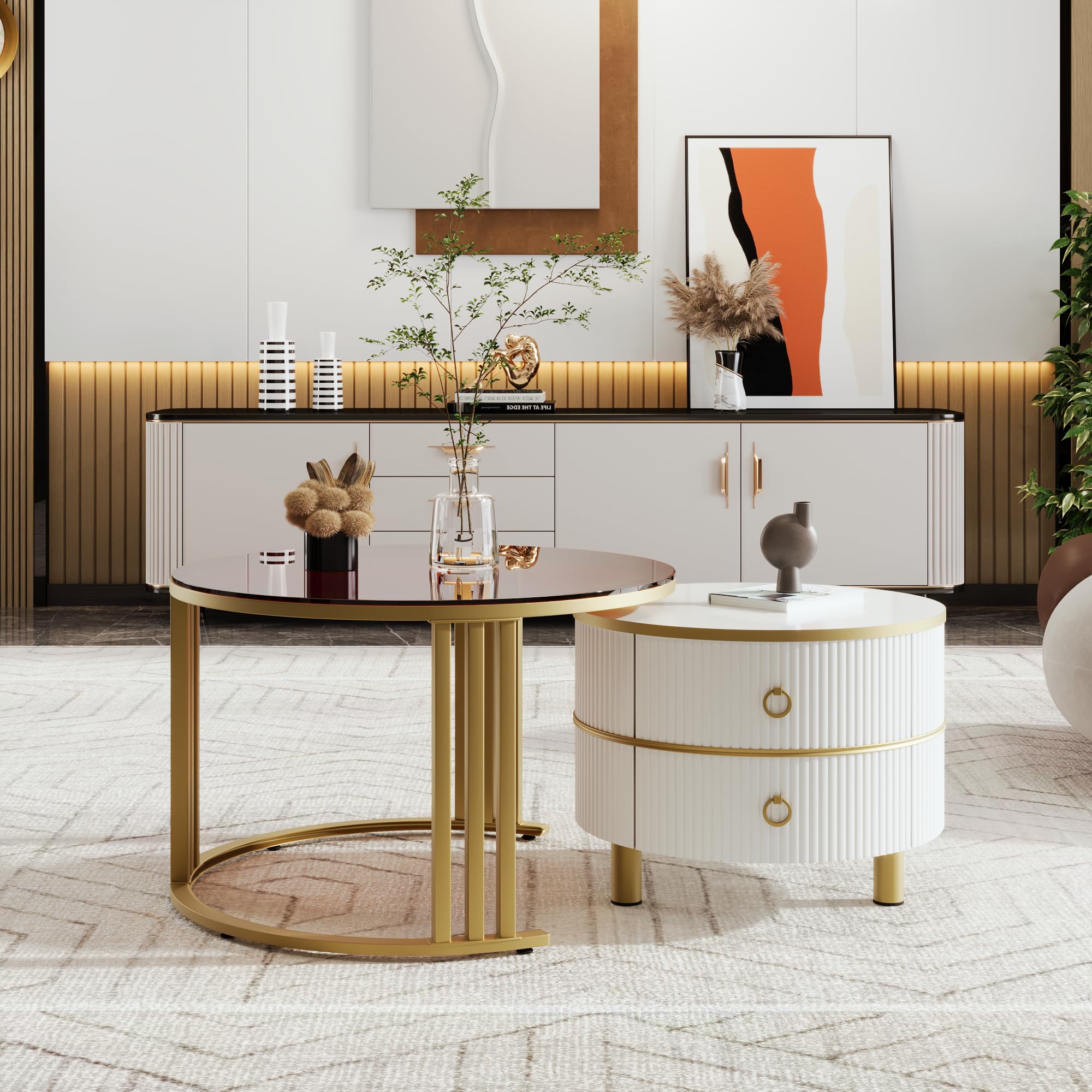 BTM 2-in-1 MDF Round Coffee Tables, White Nest of Tables with Brown Tempered Glass Tabletop and 2 Drawers, White and Gold Coffee Table,70x70x45+50x50x40 cm