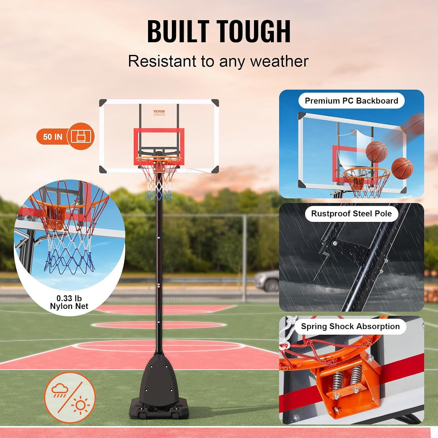 VEVOR Basketball Hoop, Basketball Hoop 44 48 50 54 Inchs PC Backboard, 4.4-10FT Height Adjustable, Basketball Portable Hoop& Goal, Indoor/Outdoor Classic Basketball Court, Teen Adult School Park