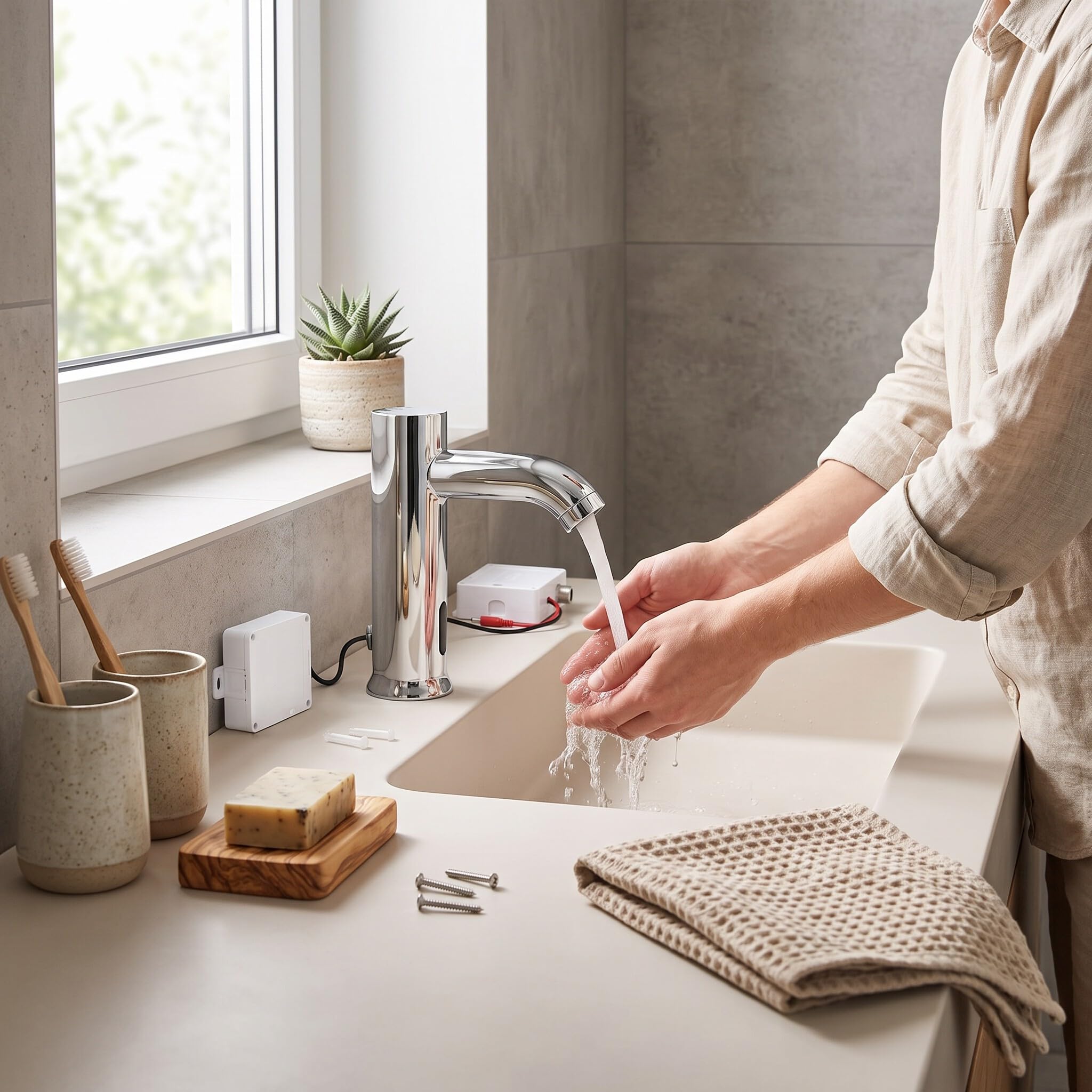 Ejoyous Rubinetto a Sensori Senza Contatto, Rubinetto per Bagno Commerciale G1/2 con Sensore a Infrarossi Automatico a Sensore di Movimento Attivato Dal Movimento, per A