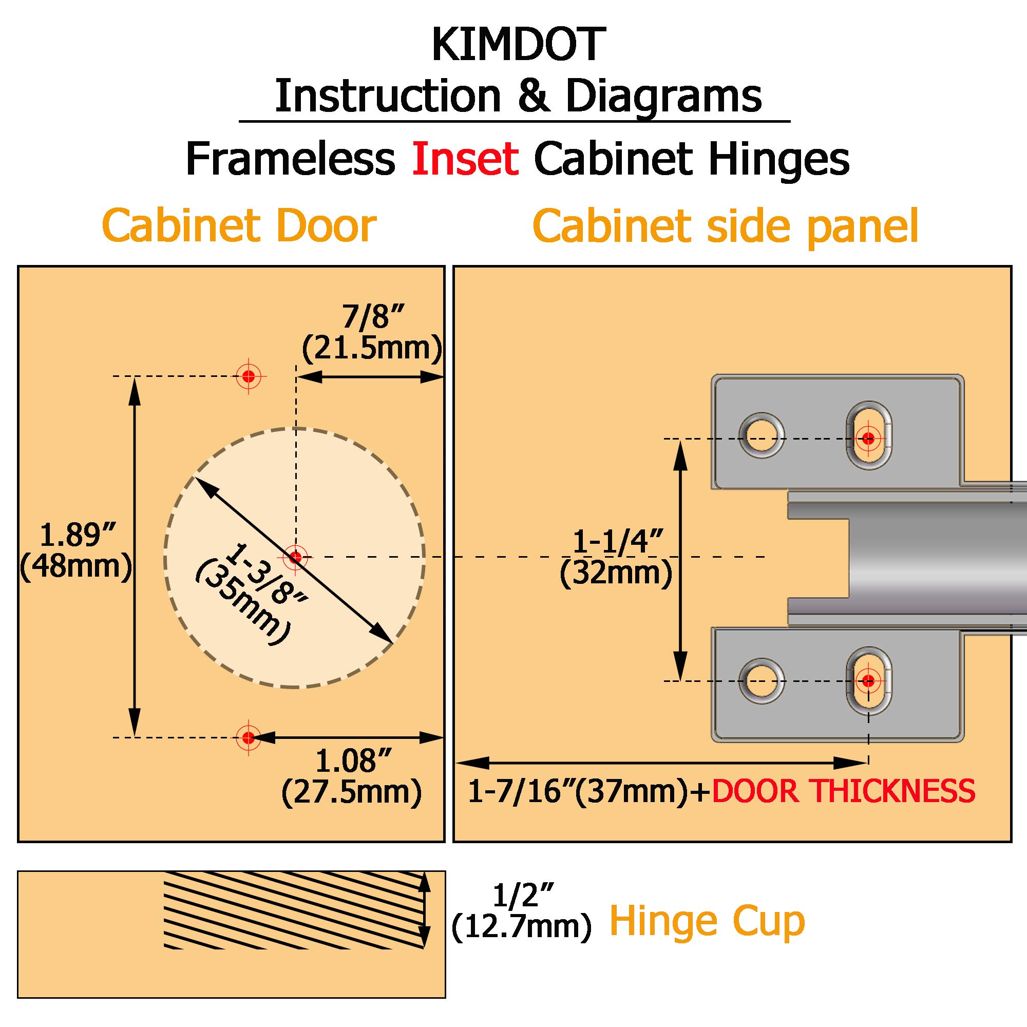 Kimdot Eingesetztes 35 mm großes europäisches verstecktes Scharnier, Clip-on Platte für einfache Installation, Küche, Badezimmer, strapazierfähig, rahmenlos, sanft schließend, 4-Loch-Montageplatte