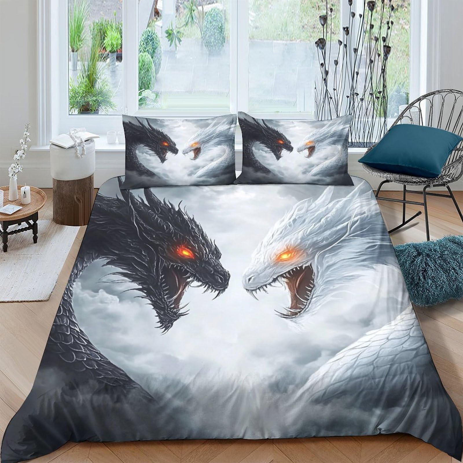 Ctjqhvkz Style-3 3D Printed Dragon Battle Fitted Sheet Microfiber Soft Breathable Fire Ice Mattress Cover For Bedroom Dorm Decor Single（135X200cm）