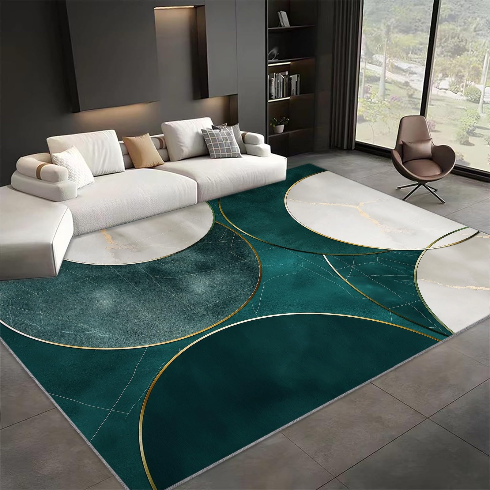Emerald Green 80 x 150 cm Living Room Area Rug, Soft Low Pile Abstract Minimalist Design Circle Carpet - Washable Non-Slip Rug for Bedroom Kitchen Nursery Dorm Kids Room Bedside Carpet