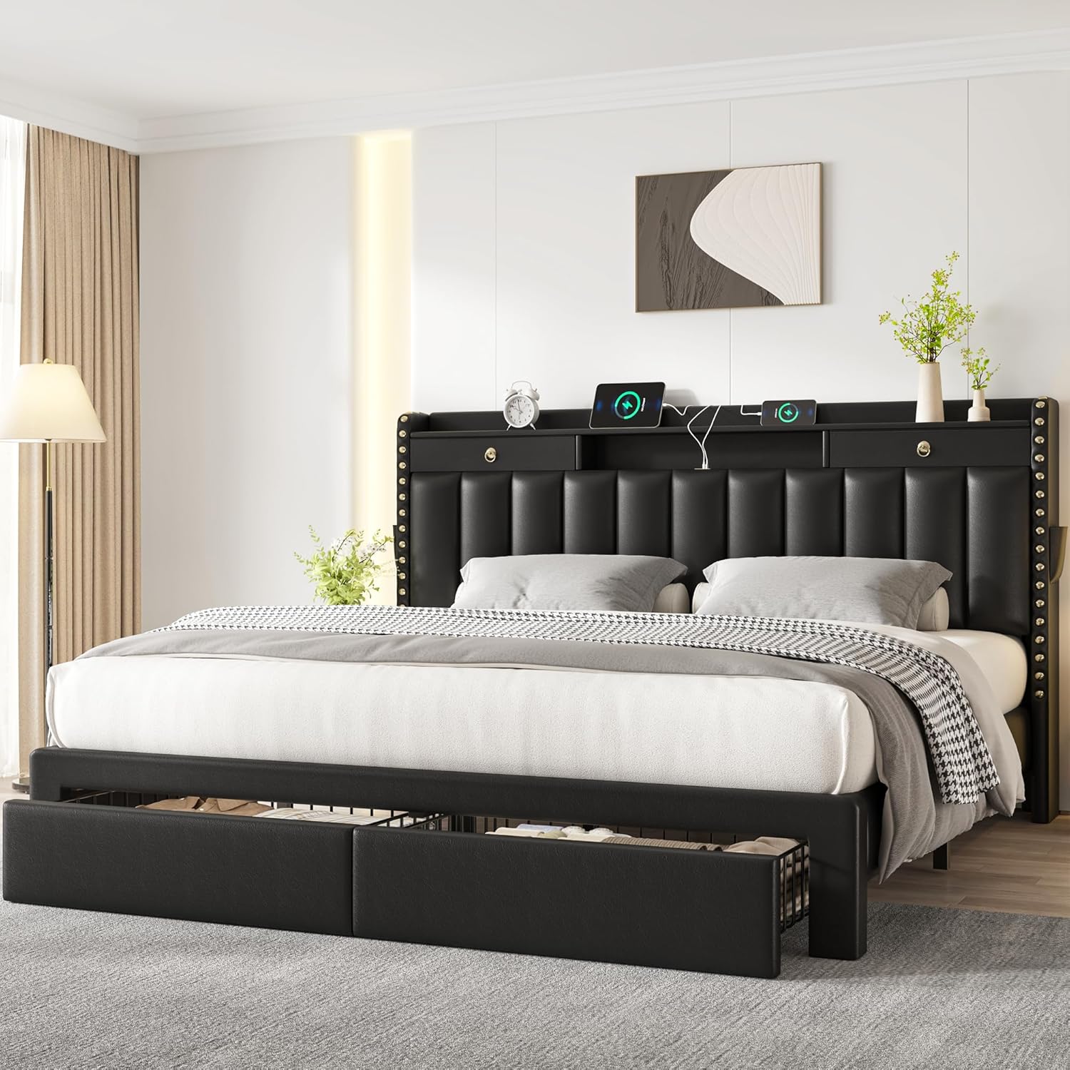 CypBed Queen Bed Frame with Headboard, Upholstered Platform Bed Frame Queen Size with 4 Storage Drawers, 3 USB & Type-C Charging Ports, Solid Wood Slats, No Box Spring Needed, No-Noise, Black,Gifts