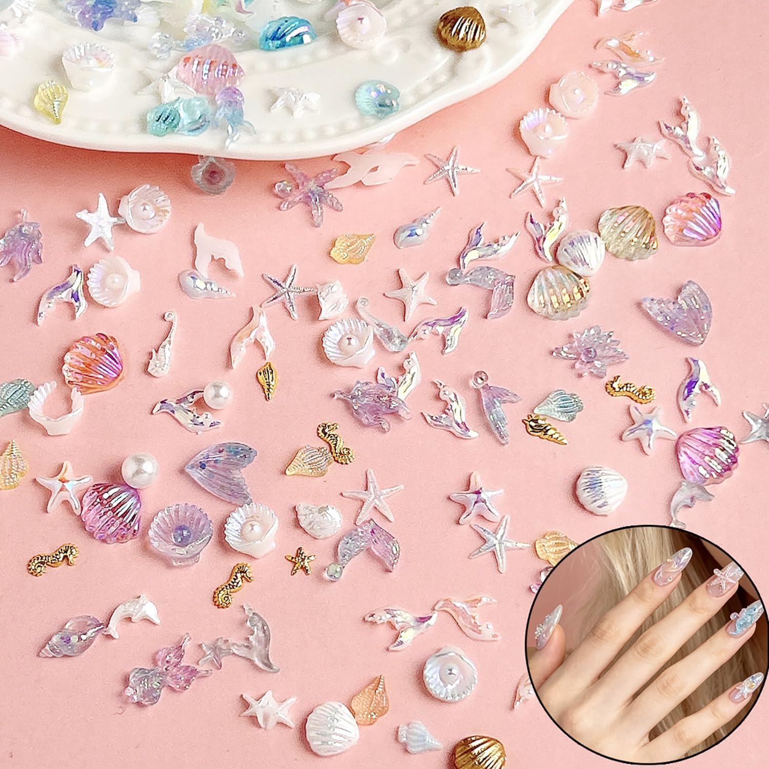 50Pcs Ocean Nail Charms 3D Resin Nail Gems and Charms Mixed Mermaid Shell Starfish Nail Art Decorations Summer Beach Nail Rhinestones DIY Nail Jewelry Accessories for Acrylic Nails