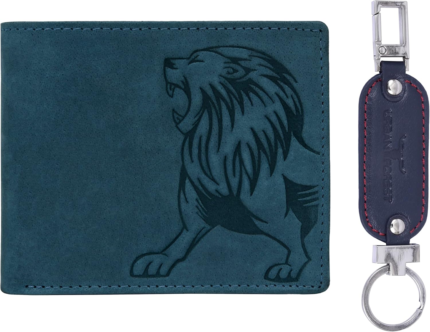 URBAN FOREST Leo Leather Wallet Combo for Men, Vintage Blue + Keychain, RFID