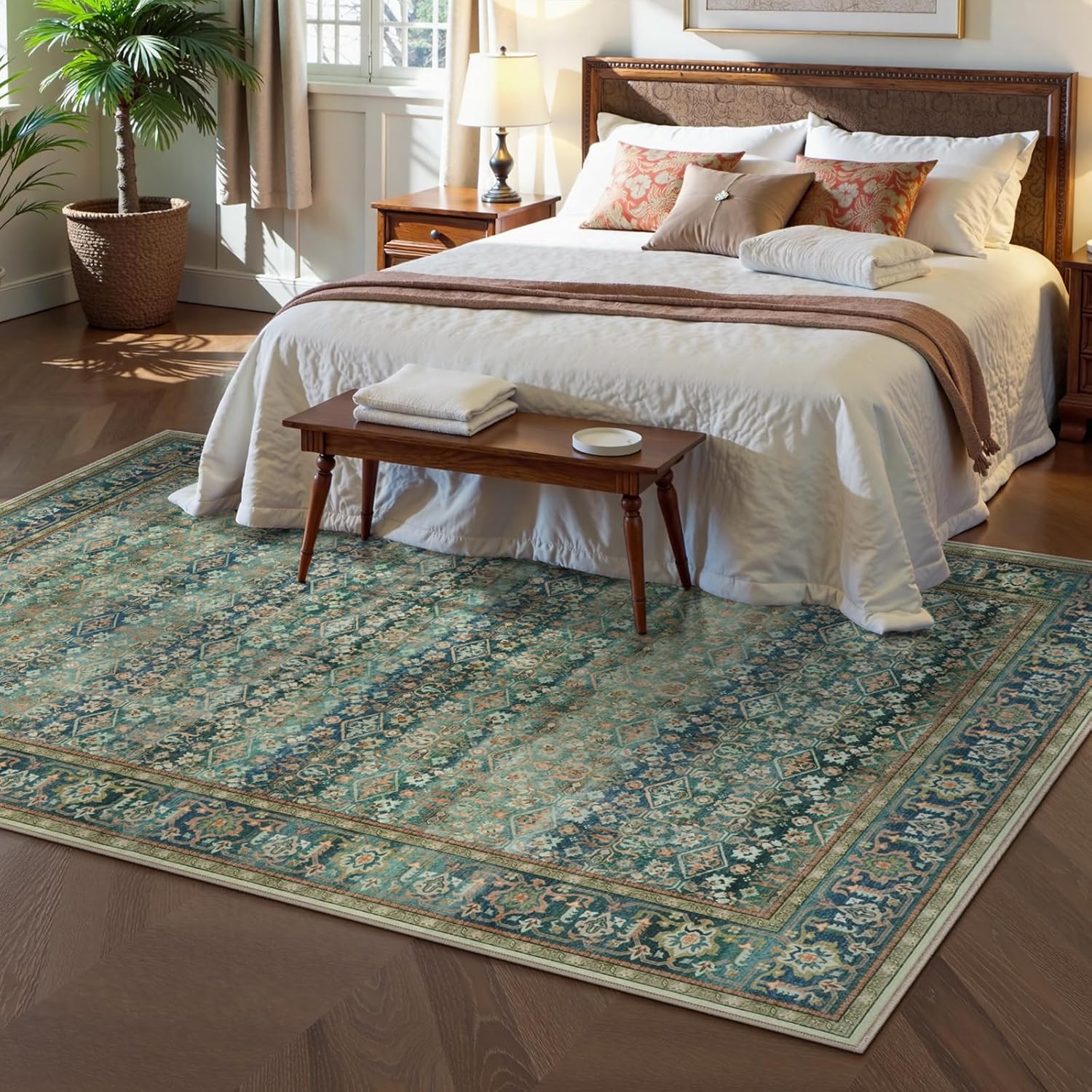 LIVEBOX Vintage Distressed 5x7 Area Rugs for Living Room Bedroom Non Slip Washable, Soft Boho Green Rug Stain Resistance Low Pile Carpet for Kitchen Dining Room Home Office