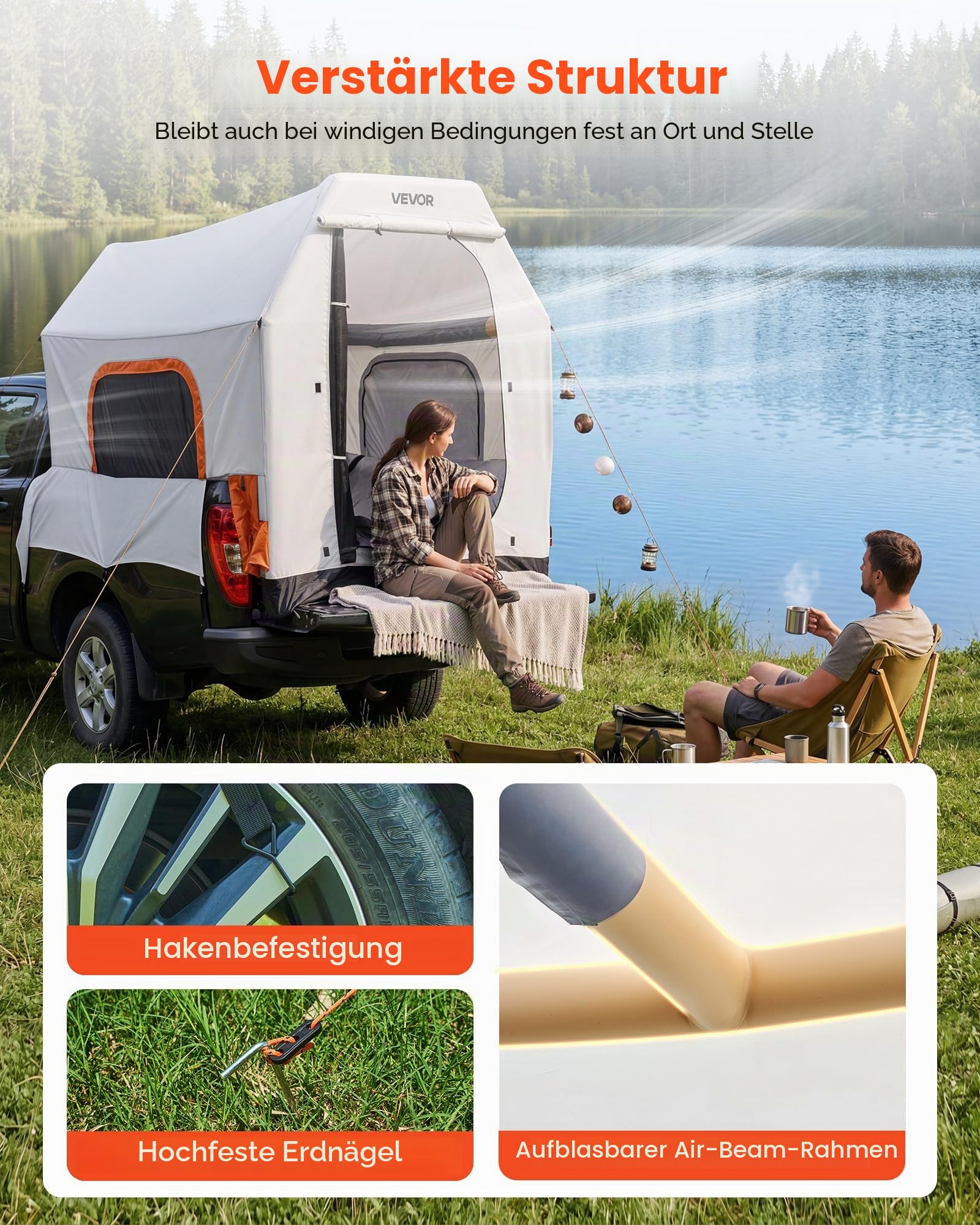 VEVOR Aufblasbares Campingzelt für Ladefläche 219 x 165 x 183 cm, Pickup Zelt Wasserdicht (PU2000 mm) mit Belüfteten Netzfenstern, ideal für Camping Wandern Outdoor-Aktivitäten inklusive Luftpumpe