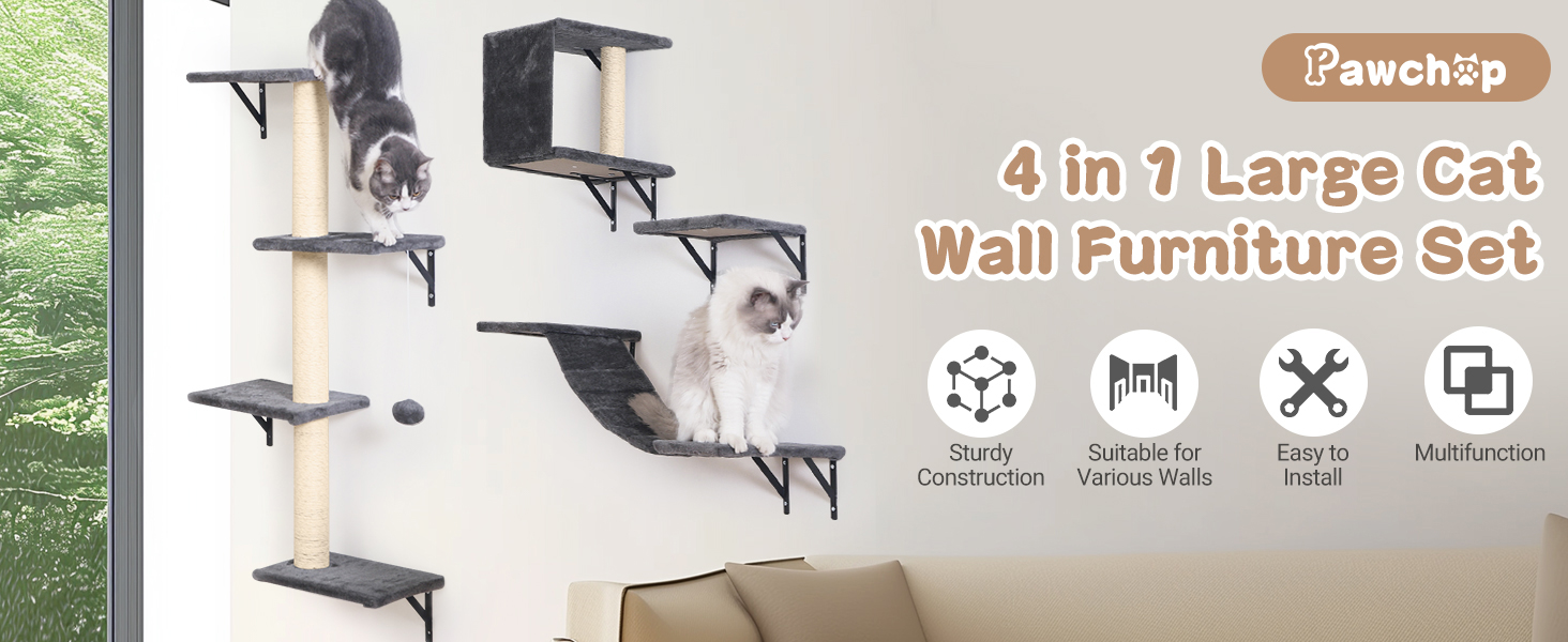 Pawchop Cat Climbing Frame Set, 4 in 1 Stable Cat Wall