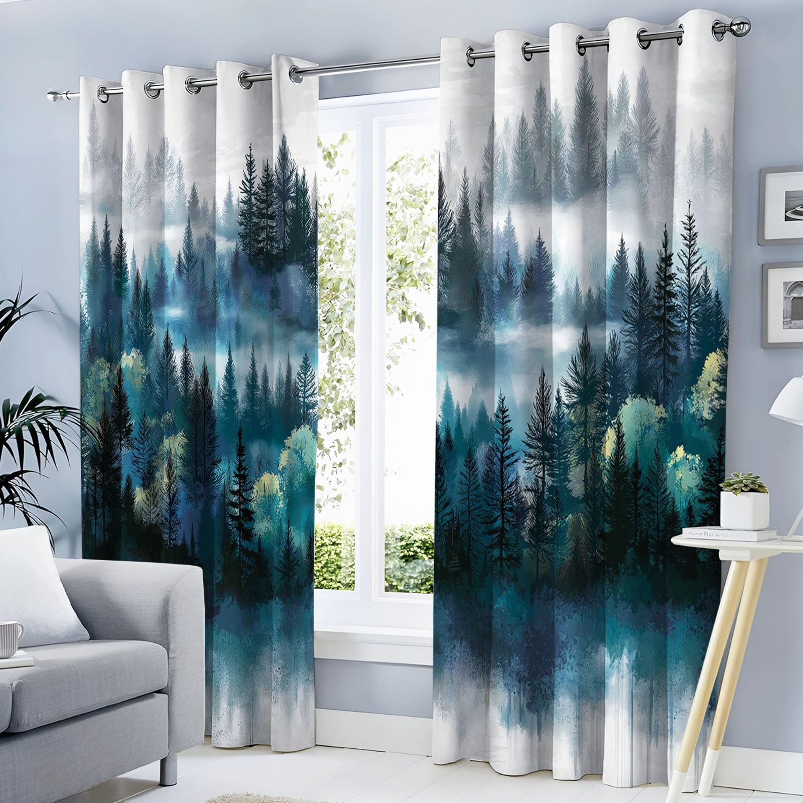 Rideaux occultants haut de gamme motif forêt aquarelle turquoise