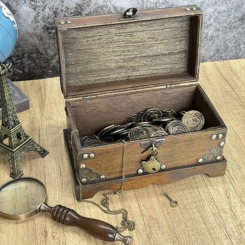 Miniatura 5 de Cofre del tesoro con cerradura, caja de almacenamiento de madera, caja decorativa de almacenamiento con tapas, caja de recuerdo pirata para joyas,
